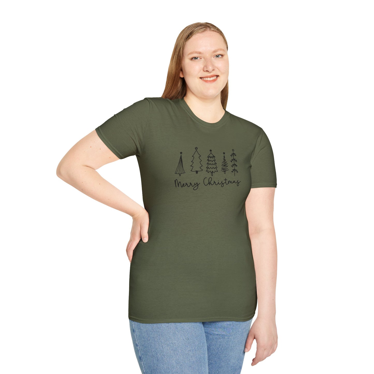 Christmas Tree Line Art T-Shirt – 'Merry Christmas' Minimal Holiday Gildan Softstyle Tee