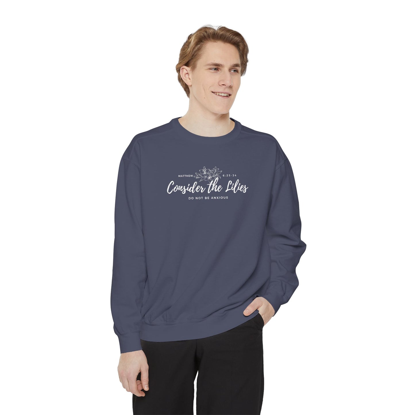 Comfort Colors Unisex Sweatshirt with 'Consider the Lilies' Design, Perfect for Casual Wear, Gifts, Spring Fashion, Cozy Atmosphere, [...]