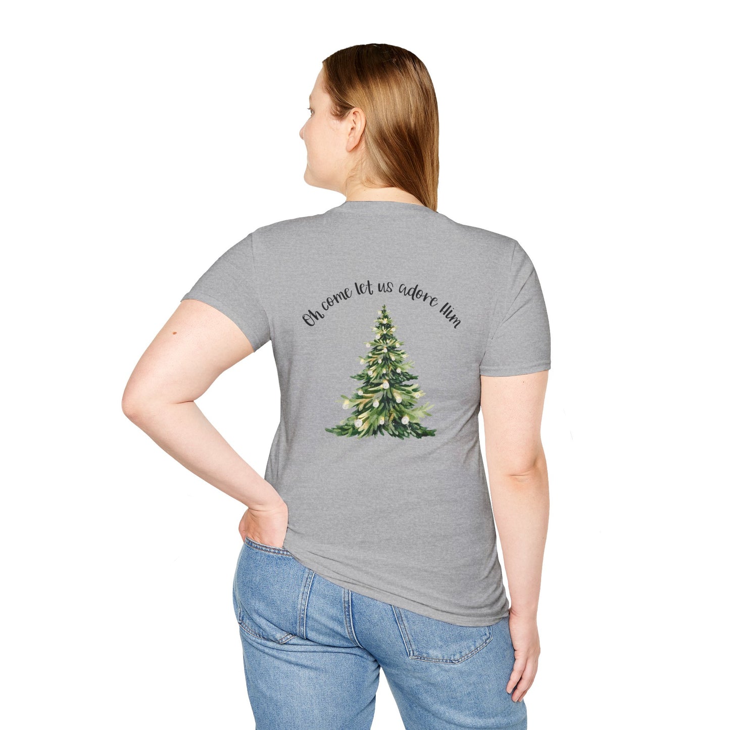 Christmas Tree T-Shirt — “Oh Come Let Us Adore Him” Holiday Gildan Softstyle Tee Black lettering