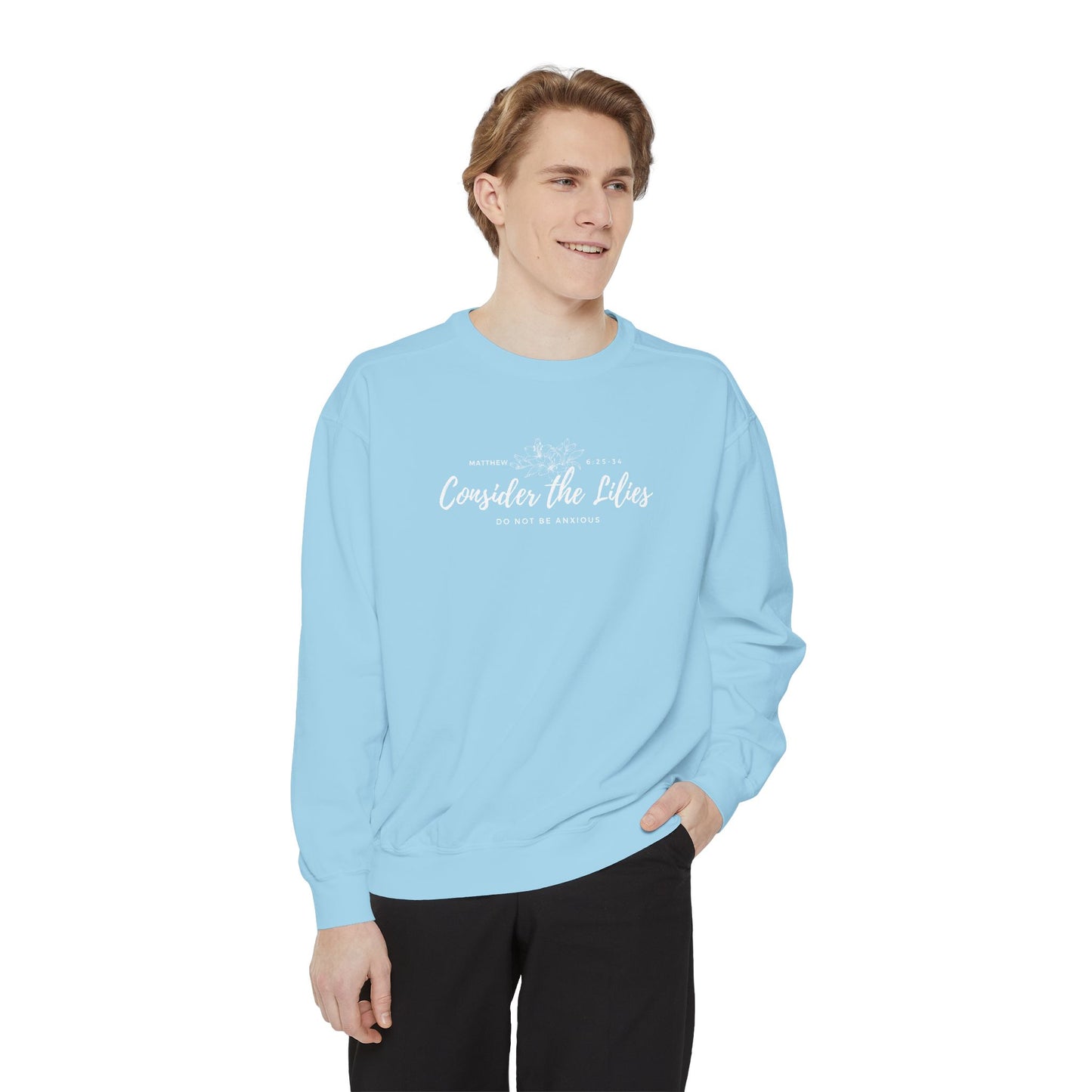 Comfort Colors Unisex Sweatshirt with 'Consider the Lilies' Design, Perfect for Casual Wear, Gifts, Spring Fashion, Cozy Atmosphere, [...]