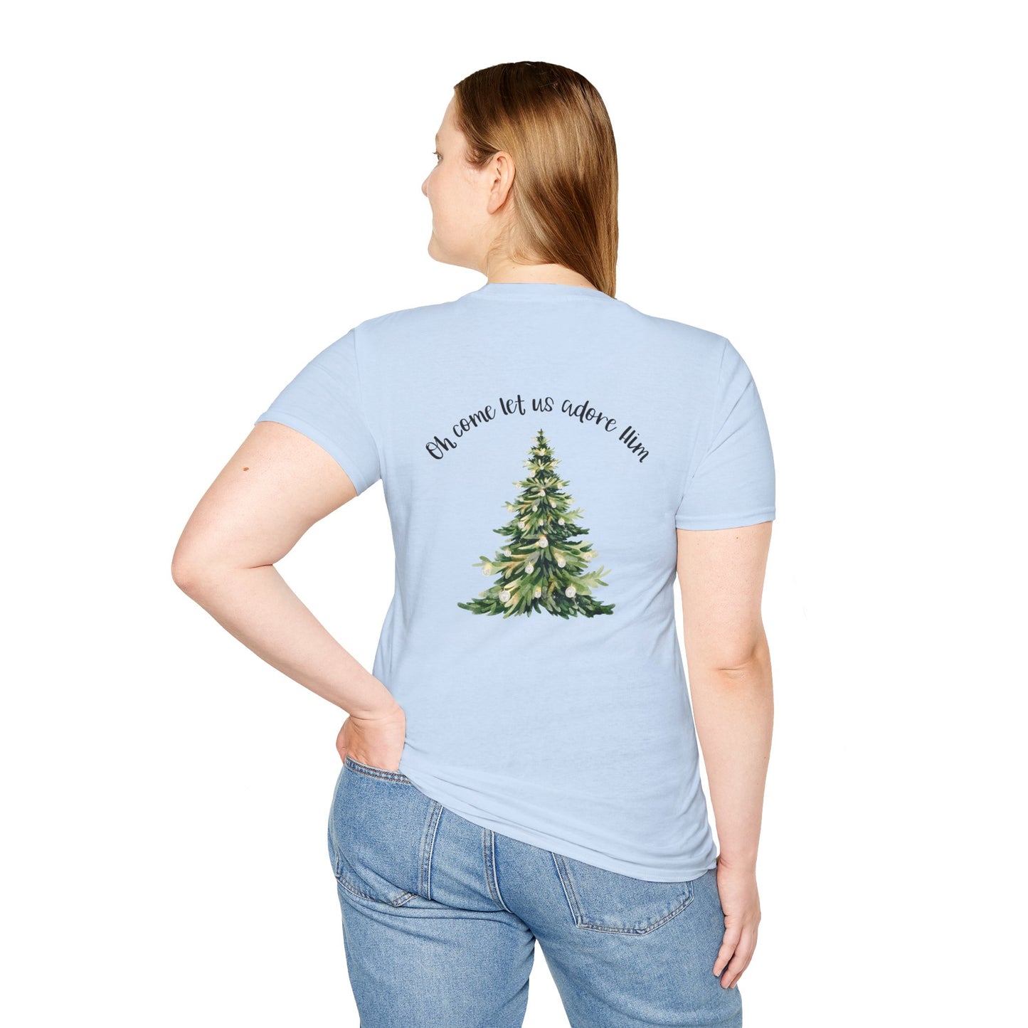 Christmas Tree T-Shirt — “Oh Come Let Us Adore Him” Holiday Gildan Softstyle Tee Black lettering