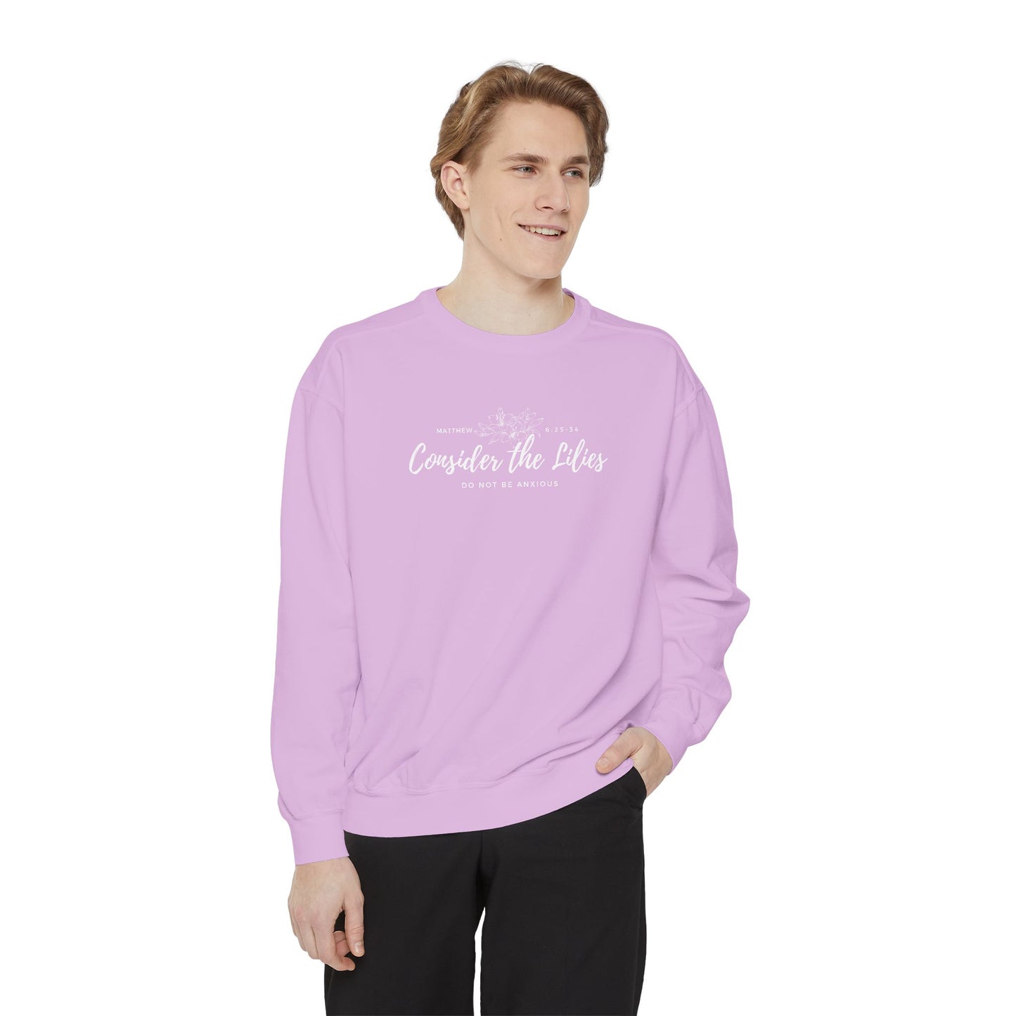 Comfort Colors Unisex Sweatshirt with 'Consider the Lilies' Design, Perfect for Casual Wear, Gifts, Spring Fashion, Cozy Atmosphere, [...]