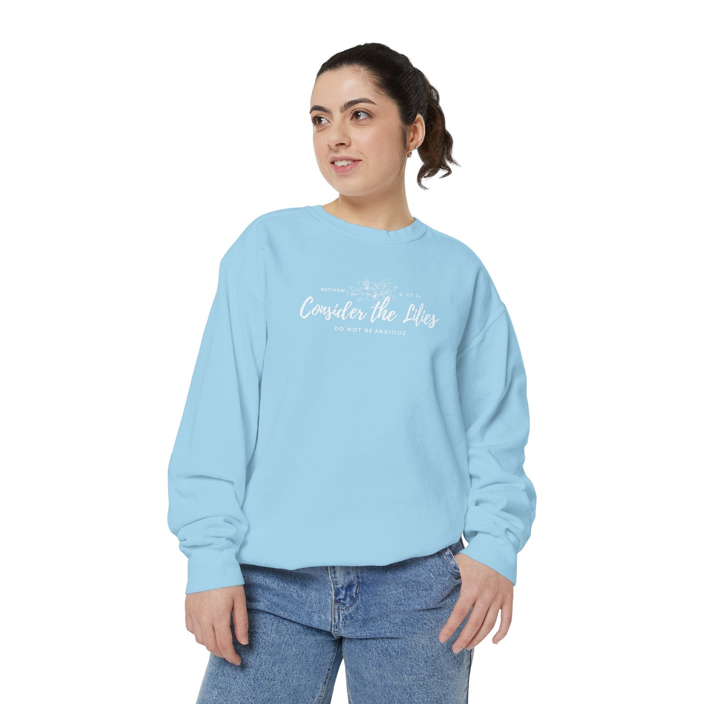 Comfort Colors Unisex Sweatshirt with 'Consider the Lilies' Design, Perfect for Casual Wear, Gifts, Spring Fashion, Cozy Atmosphere, [...]