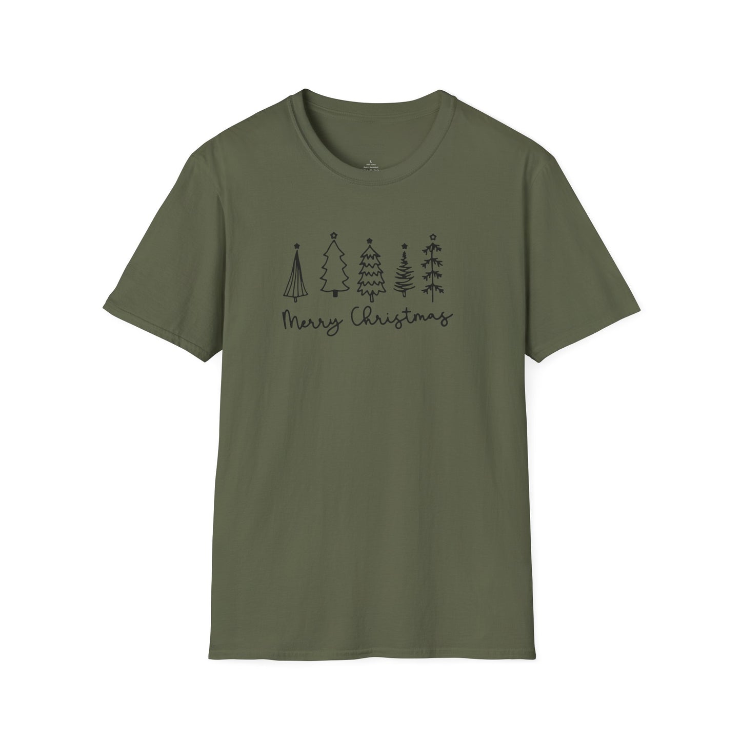 Christmas Tree Line Art T-Shirt – 'Merry Christmas' Minimal Holiday Gildan Softstyle Tee