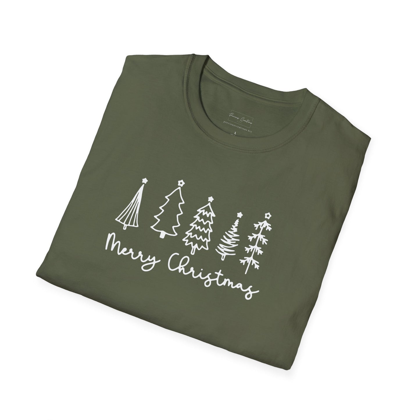 Christmas Tree Line Art T-Shirt – 'Merry Christmas' Minimal Holiday Gildan Softstyle Tee White lettering