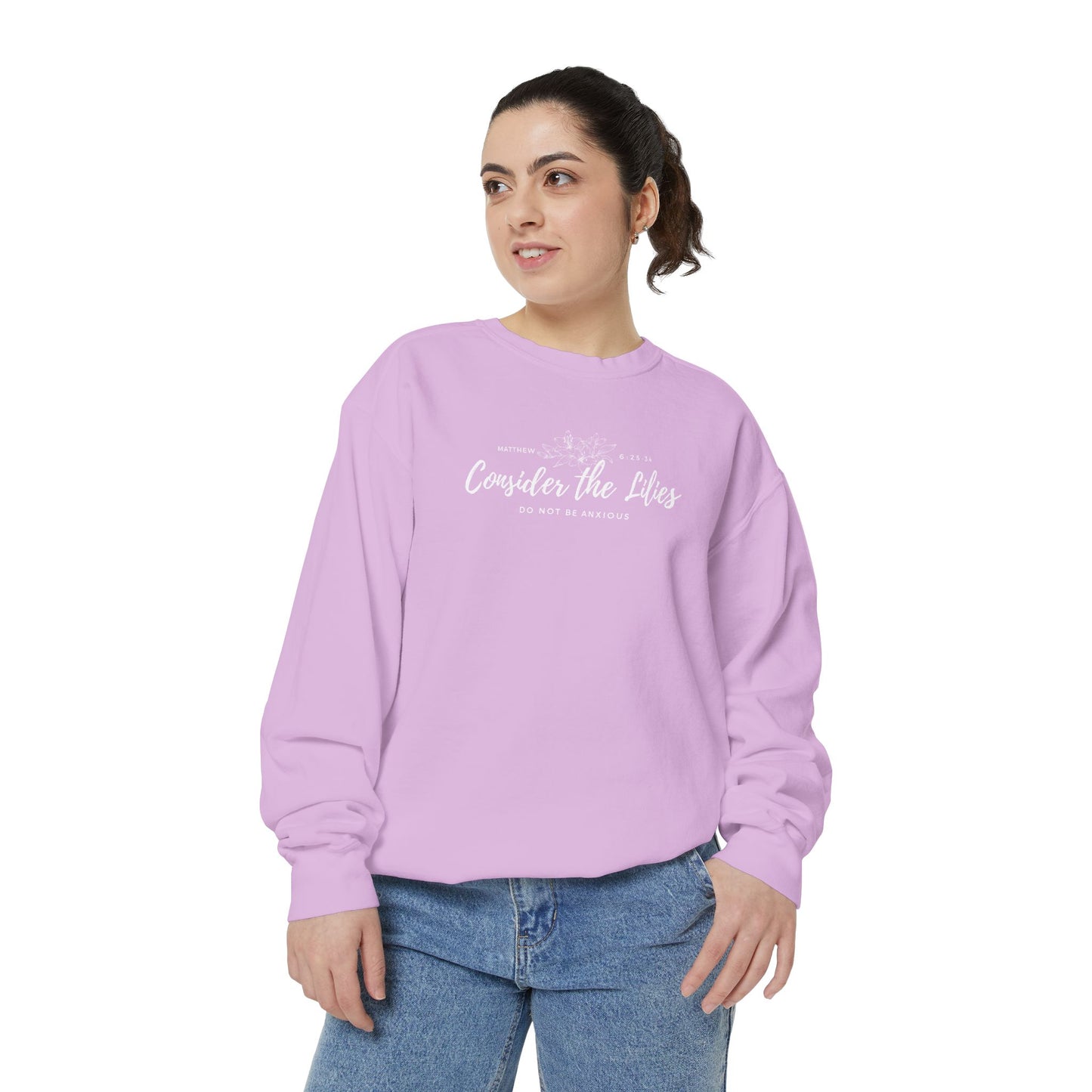 Comfort Colors Unisex Sweatshirt with 'Consider the Lilies' Design, Perfect for Casual Wear, Gifts, Spring Fashion, Cozy Atmosphere, [...]