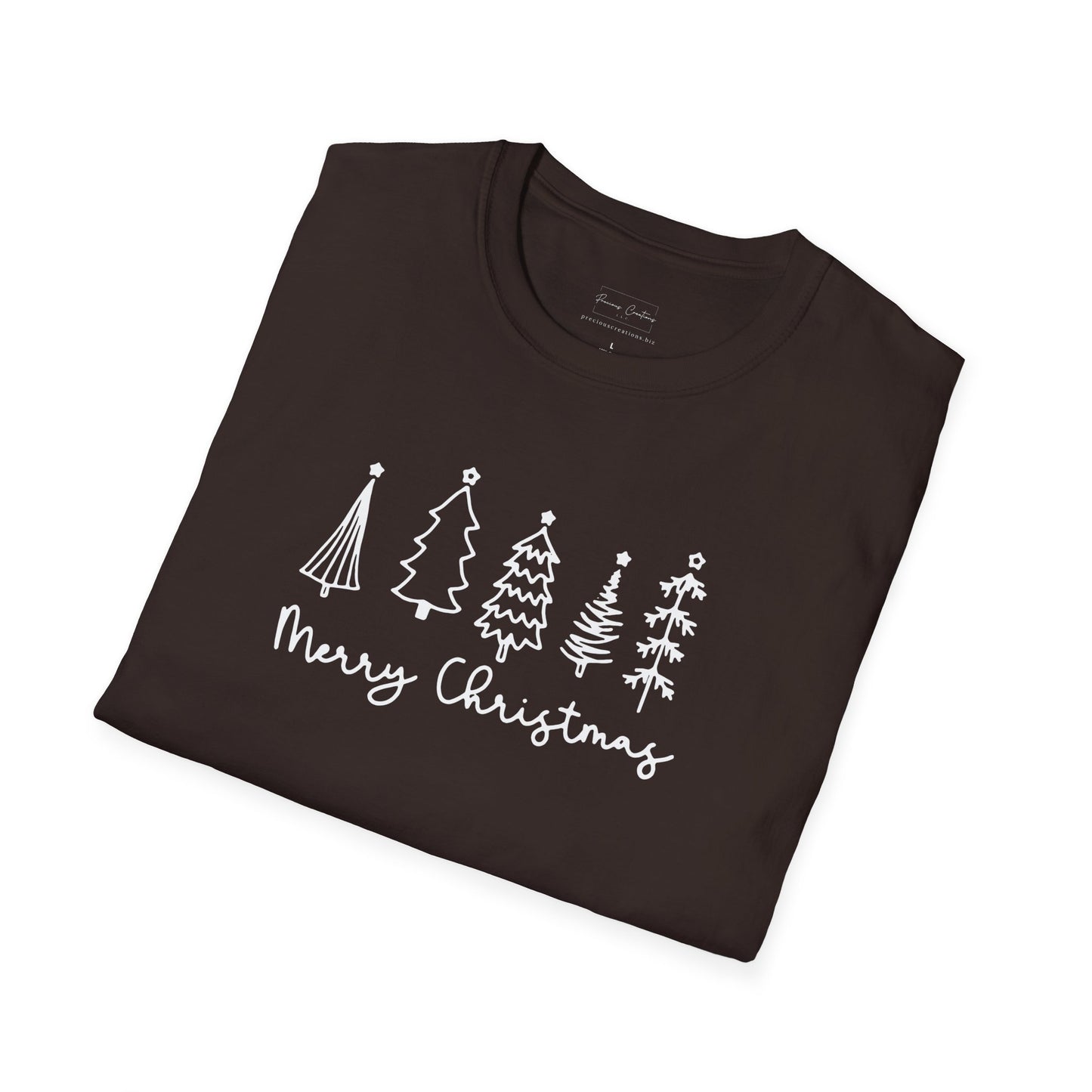 Christmas Tree Line Art T-Shirt – 'Merry Christmas' Minimal Holiday Gildan Softstyle Tee White lettering