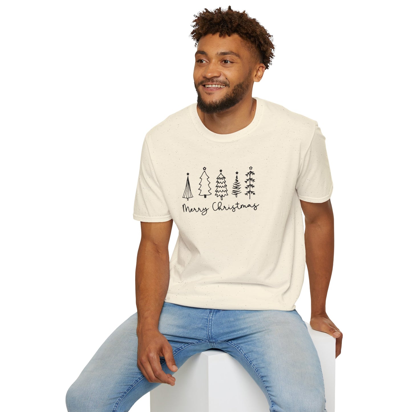 Christmas Tree Line Art T-Shirt – 'Merry Christmas' Minimal Holiday Gildan Softstyle Tee