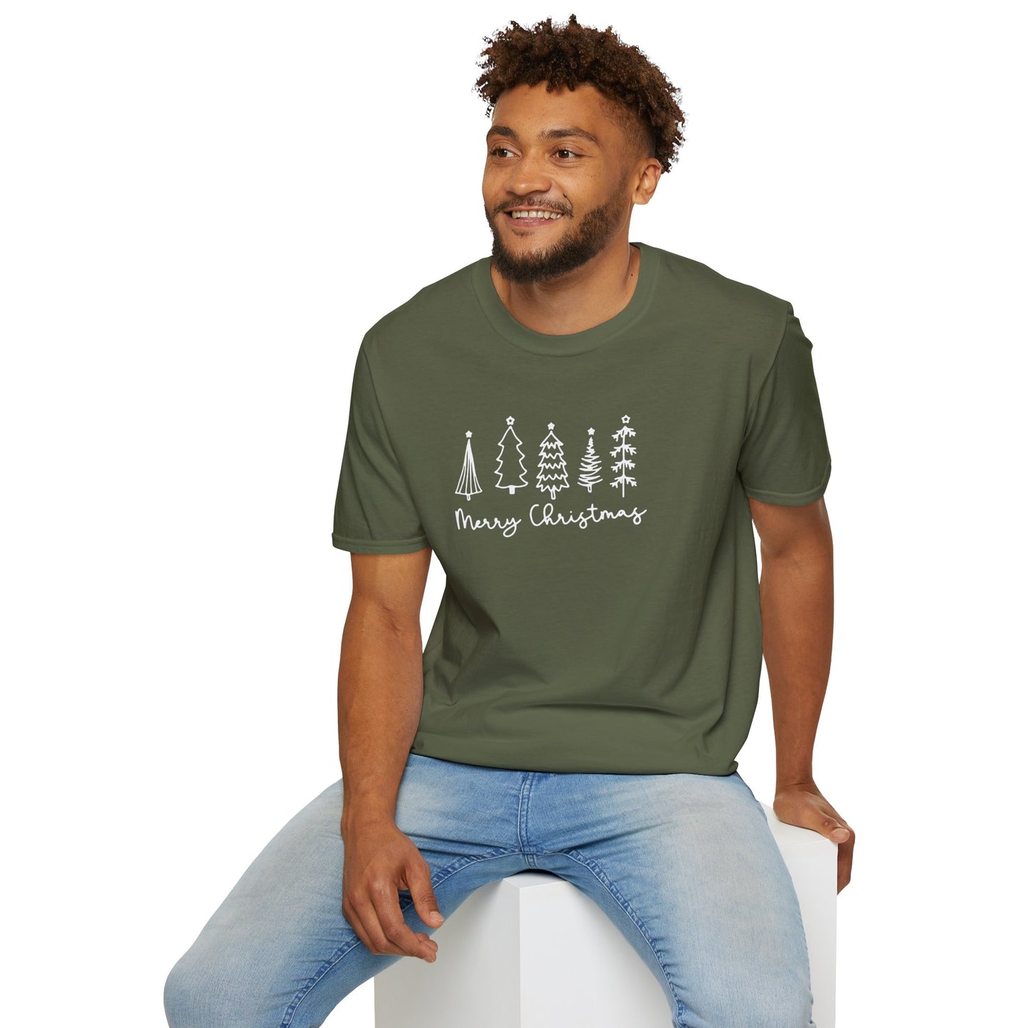 Christmas Tree Line Art T-Shirt – 'Merry Christmas' Minimal Holiday Gildan Softstyle Tee White lettering