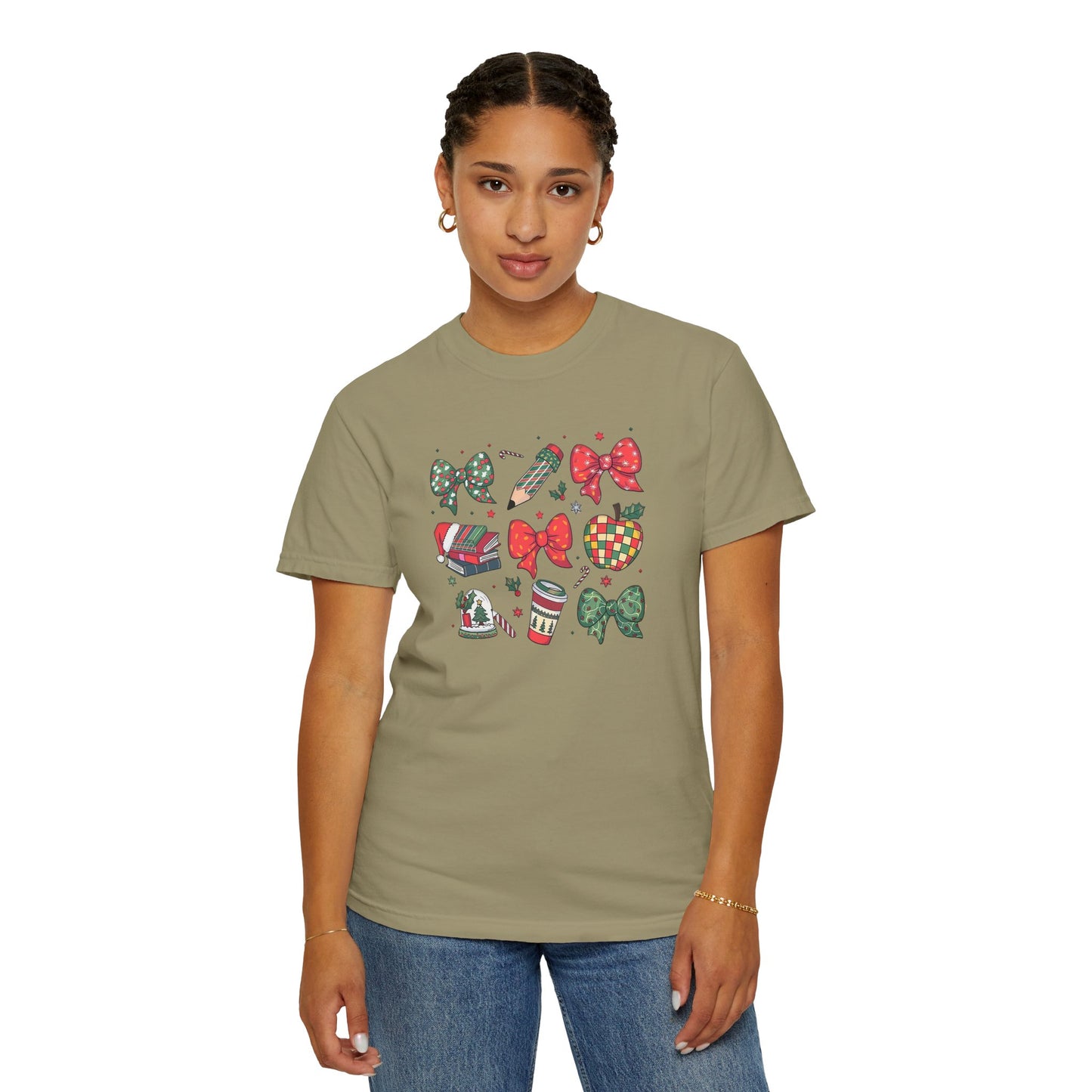 Comfort Colors Festive Bow School T-Shirt - Fun Holiday Graphic Top, Christmas Gift, Unisex Tee, Cozy Wear, Seasonal Style