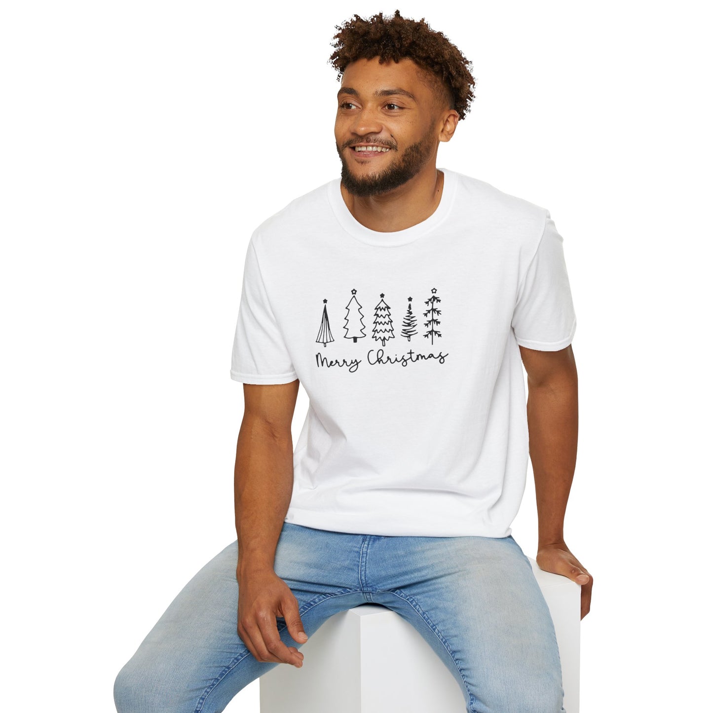 Christmas Tree Line Art T-Shirt – 'Merry Christmas' Minimal Holiday Gildan Softstyle Tee