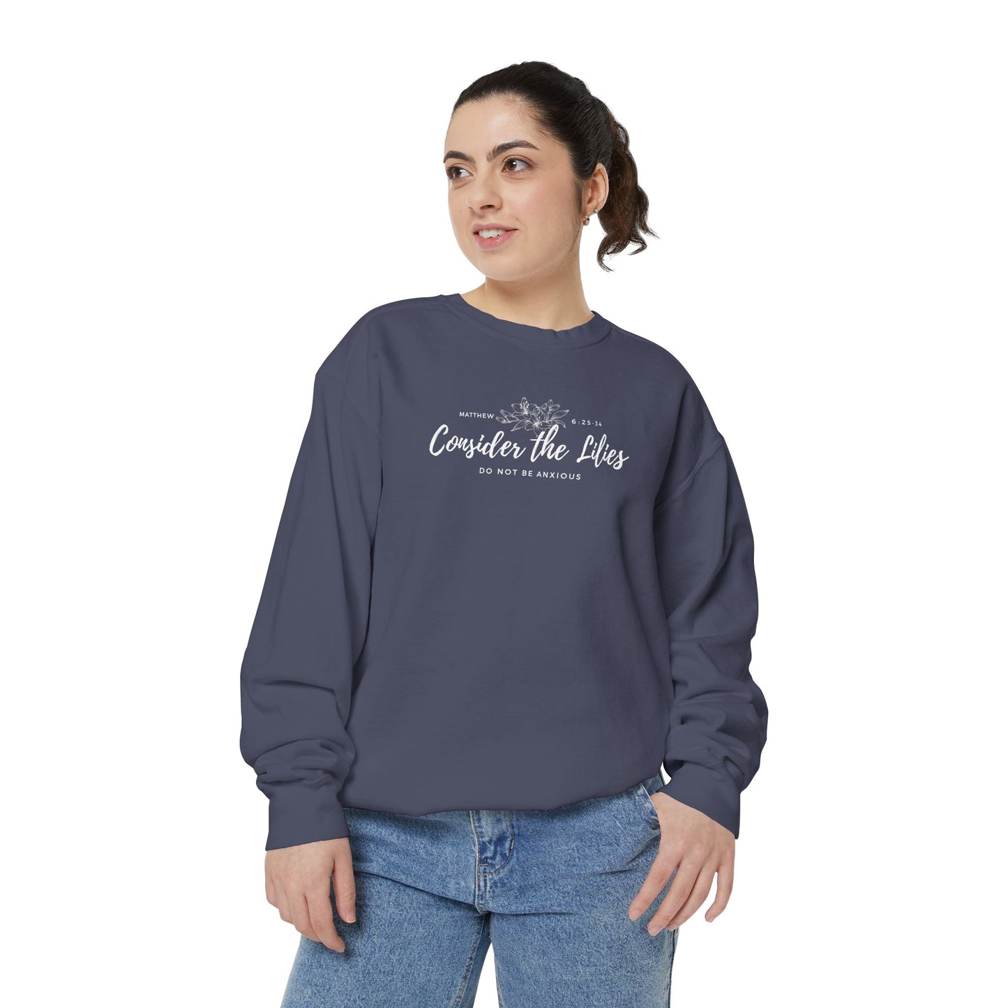 Comfort Colors Unisex Sweatshirt with 'Consider the Lilies' Design, Perfect for Casual Wear, Gifts, Spring Fashion, Cozy Atmosphere, [...]