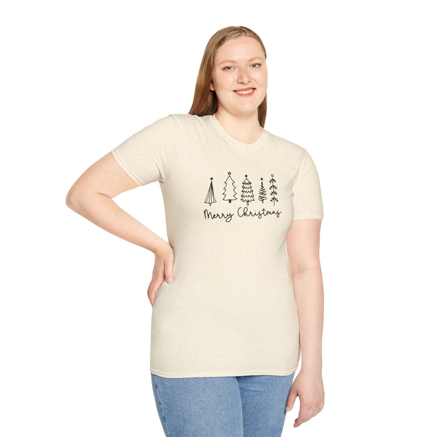 Christmas Tree Line Art T-Shirt – 'Merry Christmas' Minimal Holiday Gildan Softstyle Tee