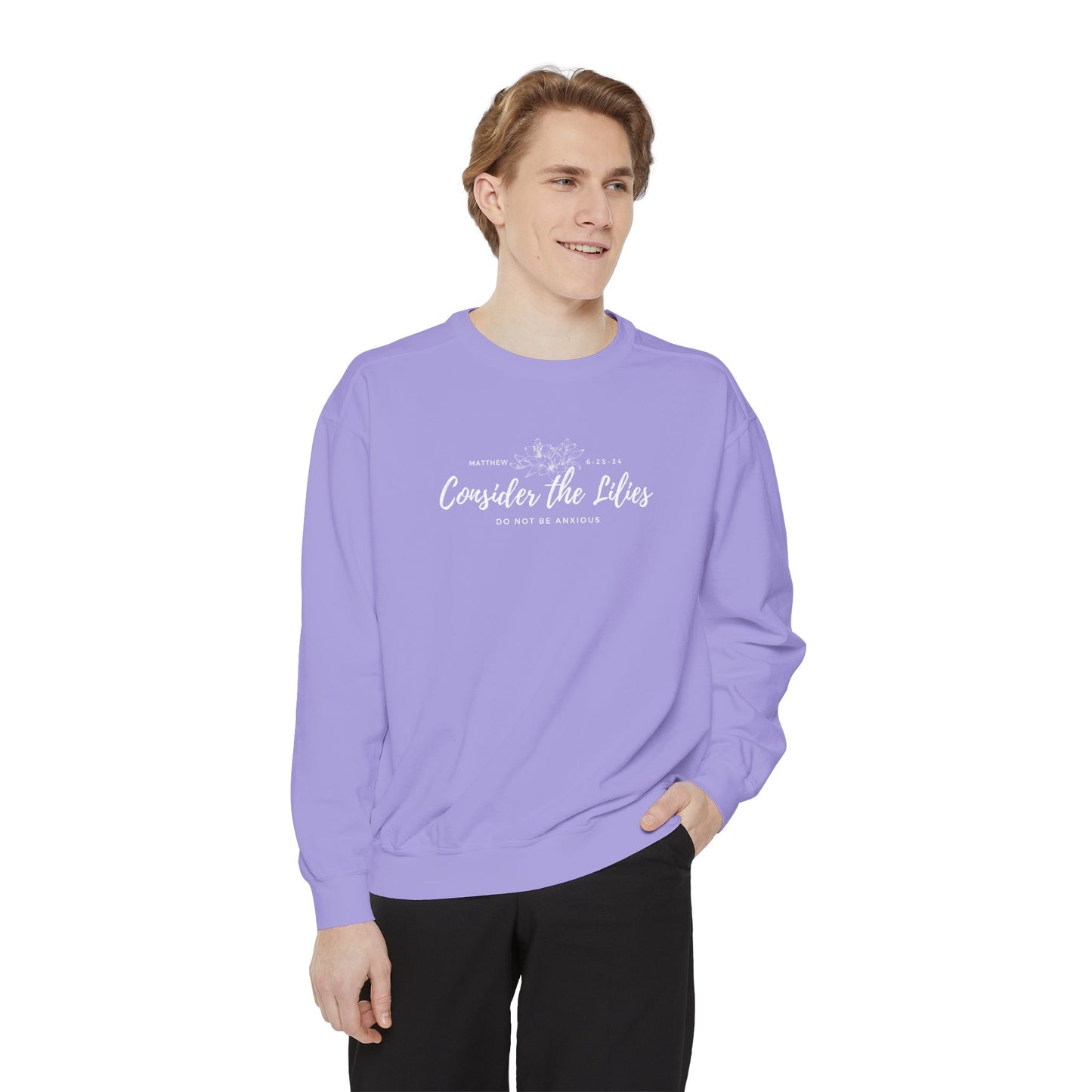 Comfort Colors Unisex Sweatshirt with 'Consider the Lilies' Design, Perfect for Casual Wear, Gifts, Spring Fashion, Cozy Atmosphere, [...]