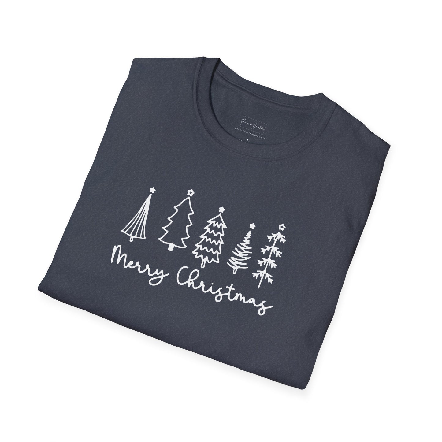 Christmas Tree Line Art T-Shirt – 'Merry Christmas' Minimal Holiday Gildan Softstyle Tee White lettering