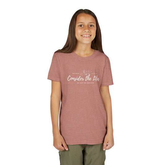 Bella + Canvas Consider the Lilies Youth Tee, Inspirational Kids Shirt, Motivational T-Shirt, Spring Gift, Nature Lover Clothing