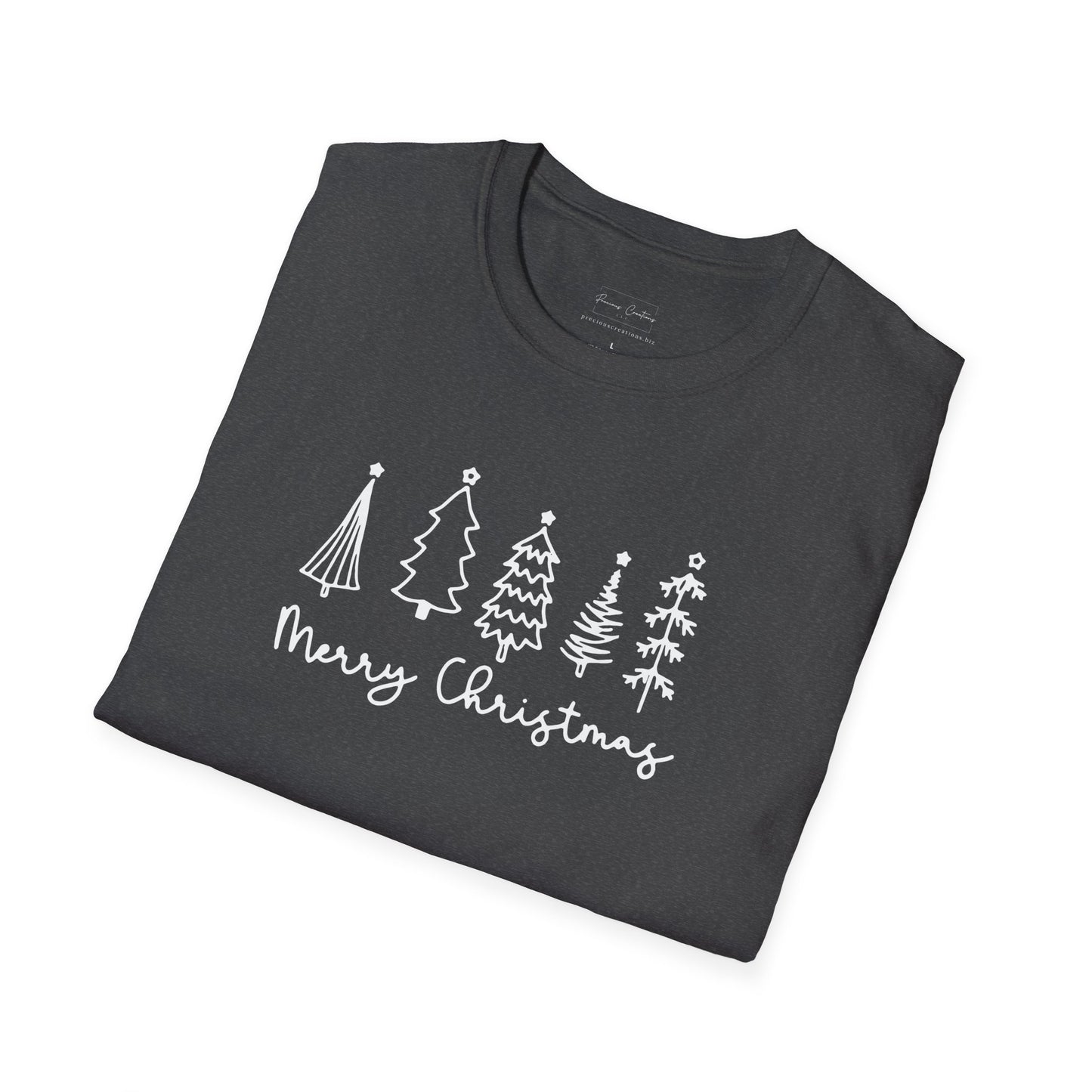 Christmas Tree Line Art T-Shirt – 'Merry Christmas' Minimal Holiday Gildan Softstyle Tee White lettering