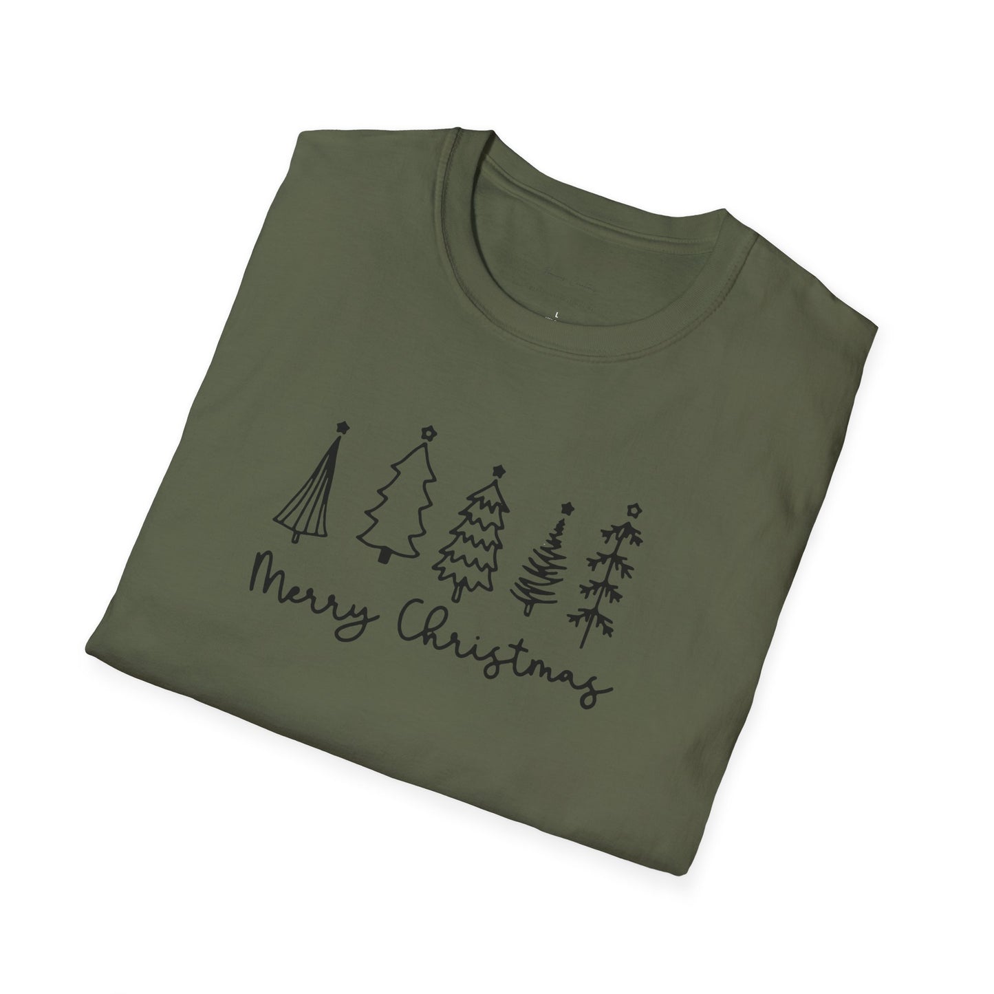 Christmas Tree Line Art T-Shirt – 'Merry Christmas' Minimal Holiday Gildan Softstyle Tee