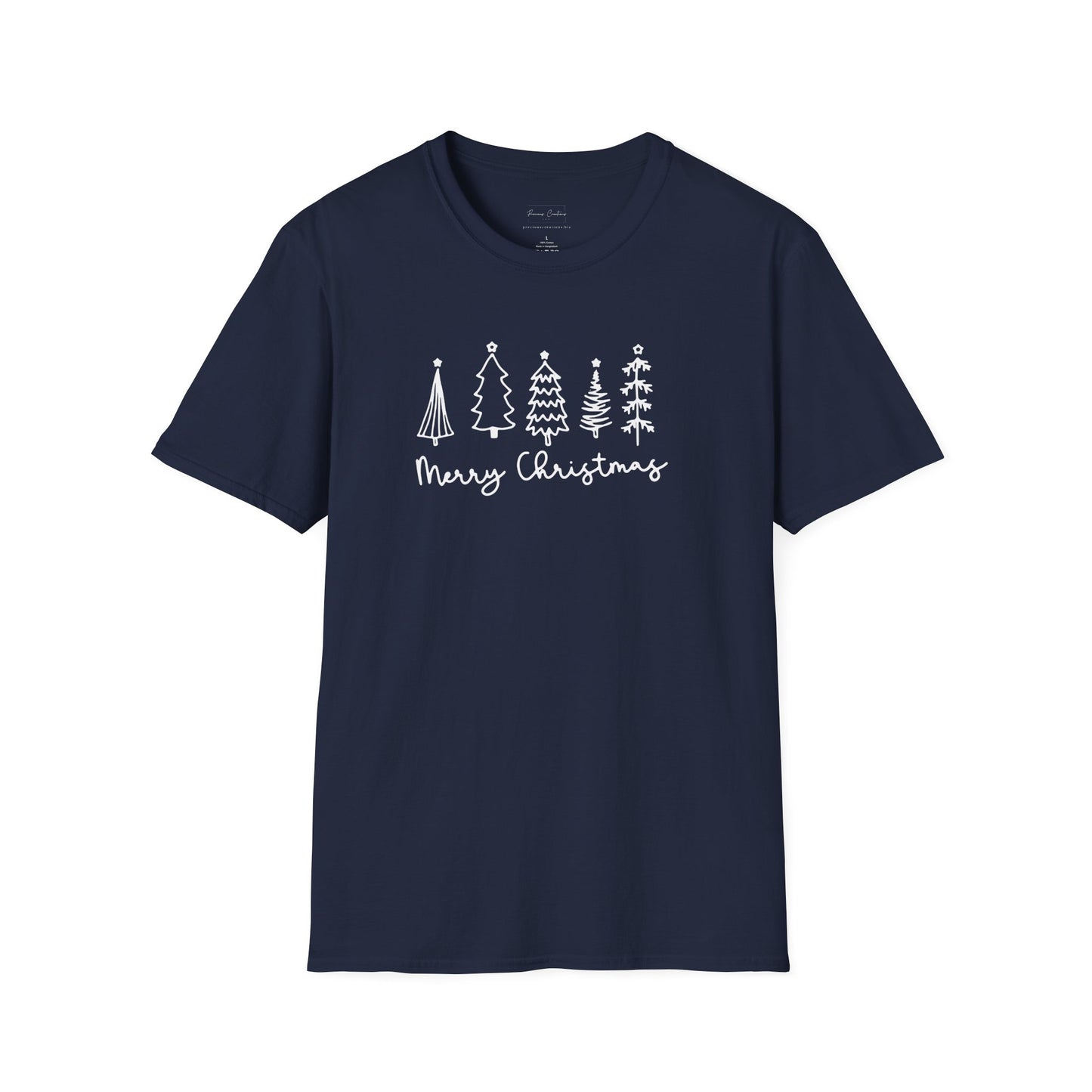 Christmas Tree Line Art T-Shirt – 'Merry Christmas' Minimal Holiday Gildan Softstyle Tee White lettering