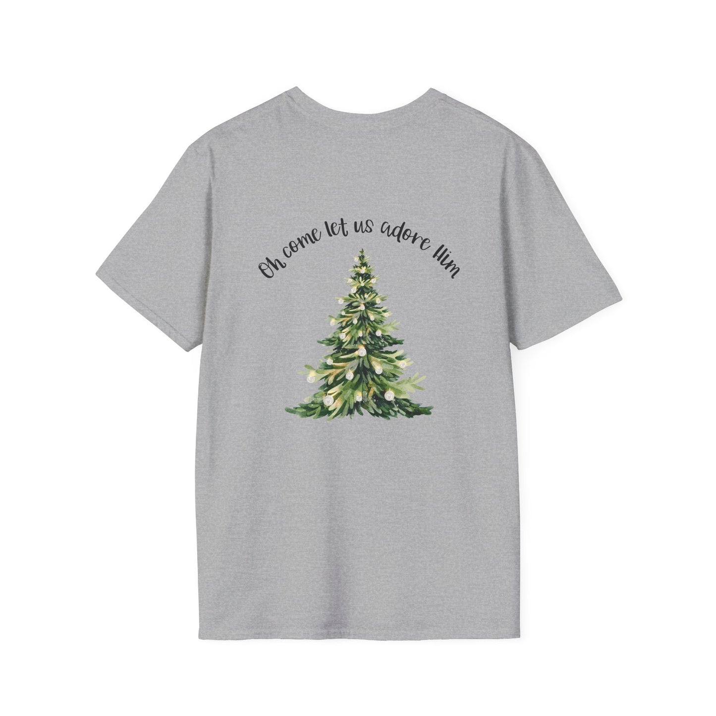 Christmas Tree T-Shirt — “Oh Come Let Us Adore Him” Holiday Gildan Softstyle Tee Black lettering