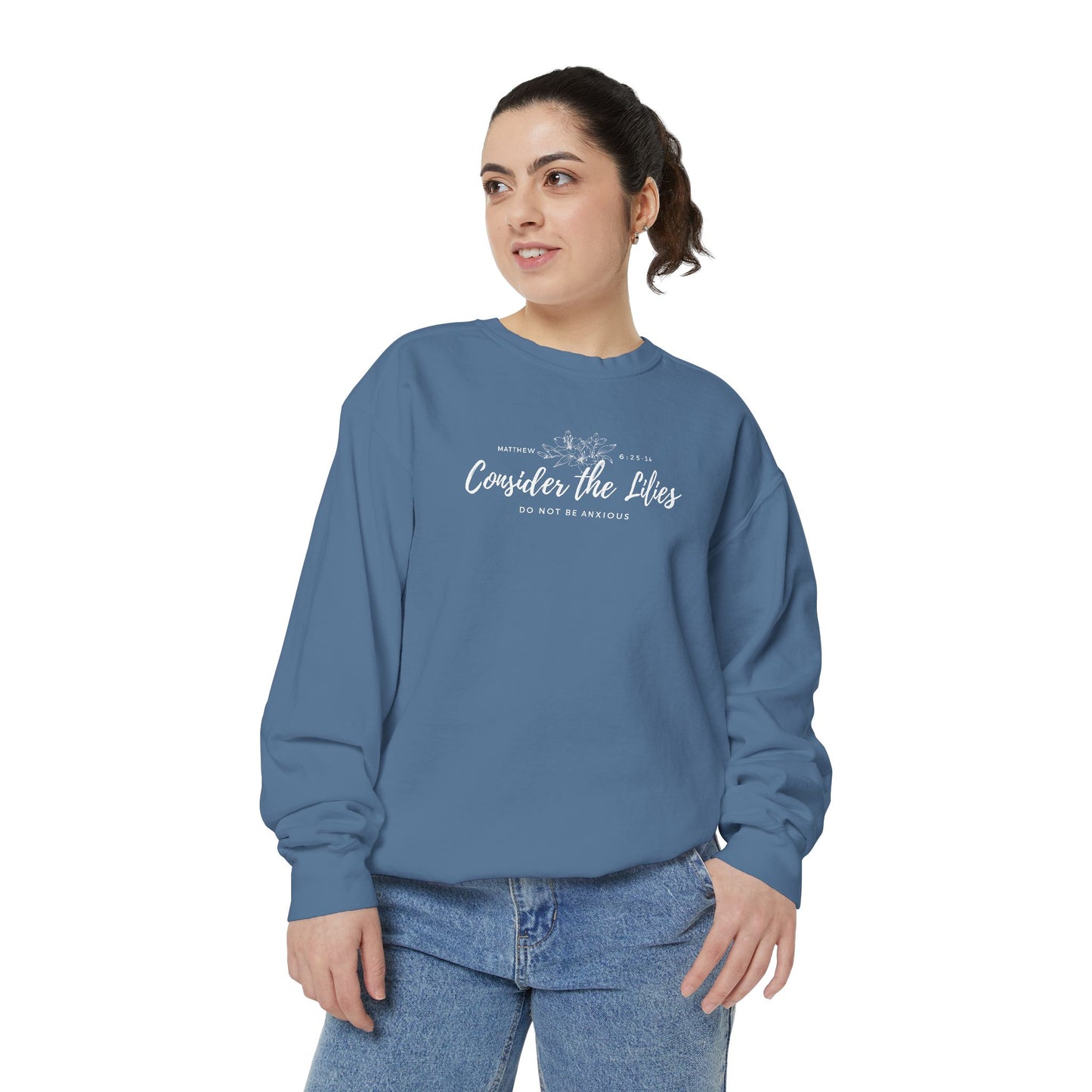 Comfort Colors Unisex Sweatshirt with 'Consider the Lilies' Design, Perfect for Casual Wear, Gifts, Spring Fashion, Cozy Atmosphere, [...]