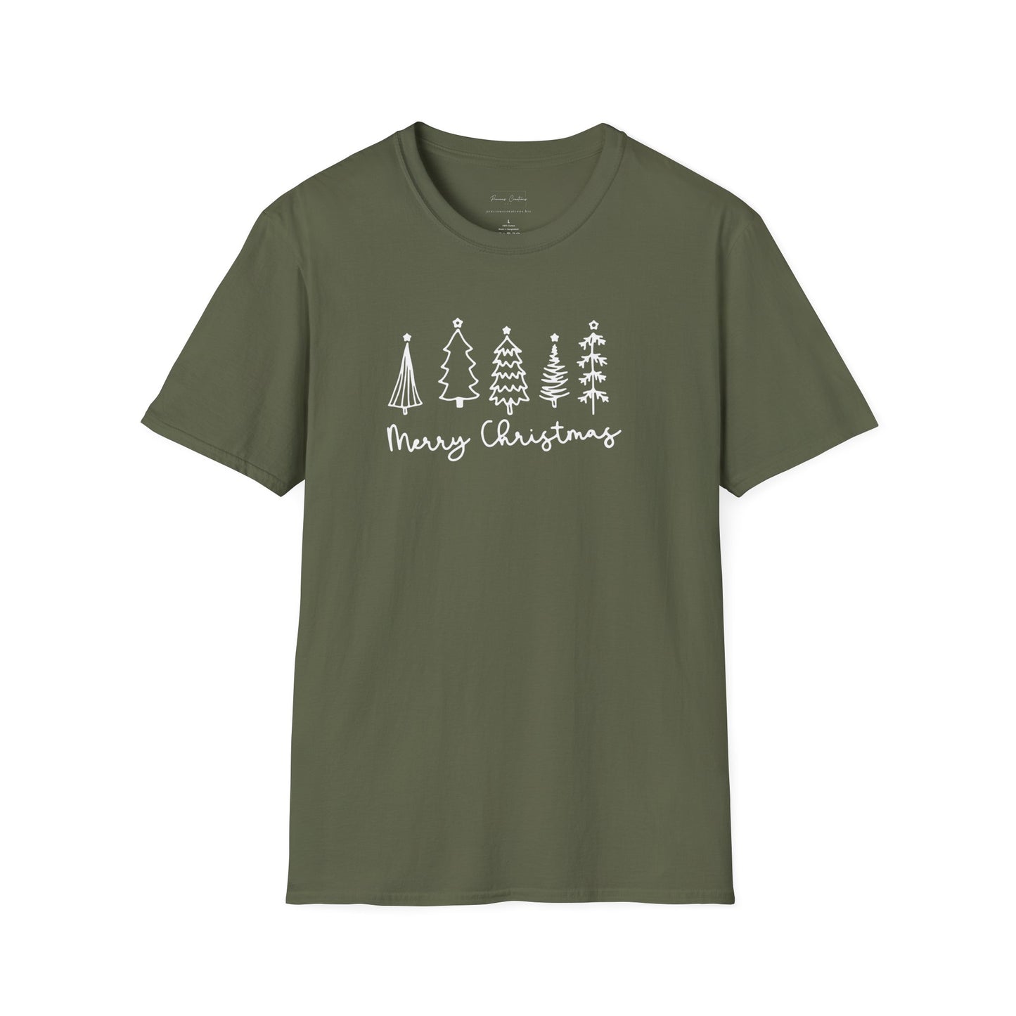 Christmas Tree Line Art T-Shirt – 'Merry Christmas' Minimal Holiday Gildan Softstyle Tee White lettering