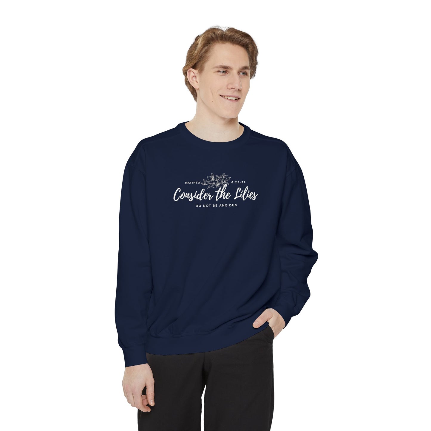 Comfort Colors Unisex Sweatshirt with 'Consider the Lilies' Design, Perfect for Casual Wear, Gifts, Spring Fashion, Cozy Atmosphere, [...]