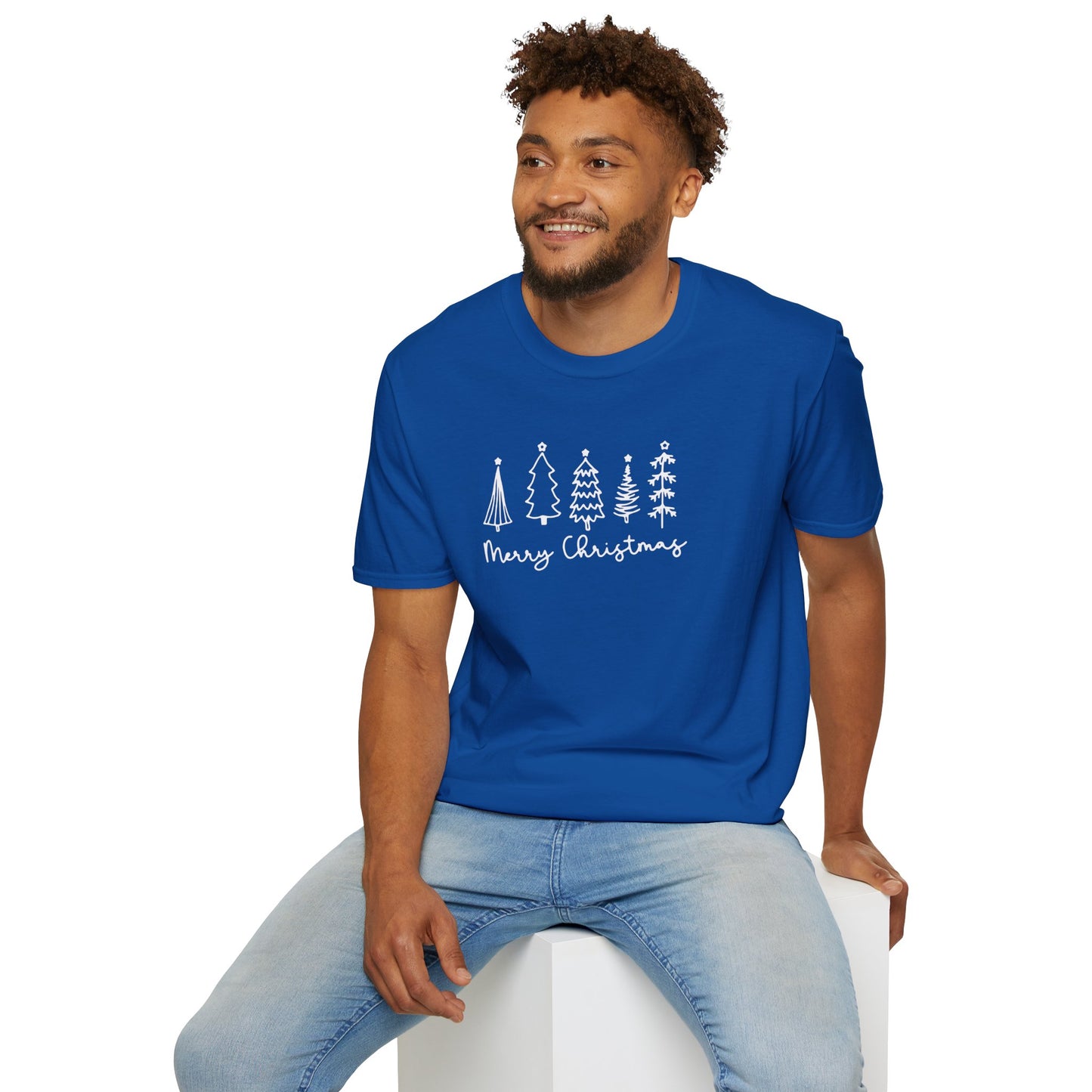 Christmas Tree Line Art T-Shirt – 'Merry Christmas' Minimal Holiday Gildan Softstyle Tee White lettering