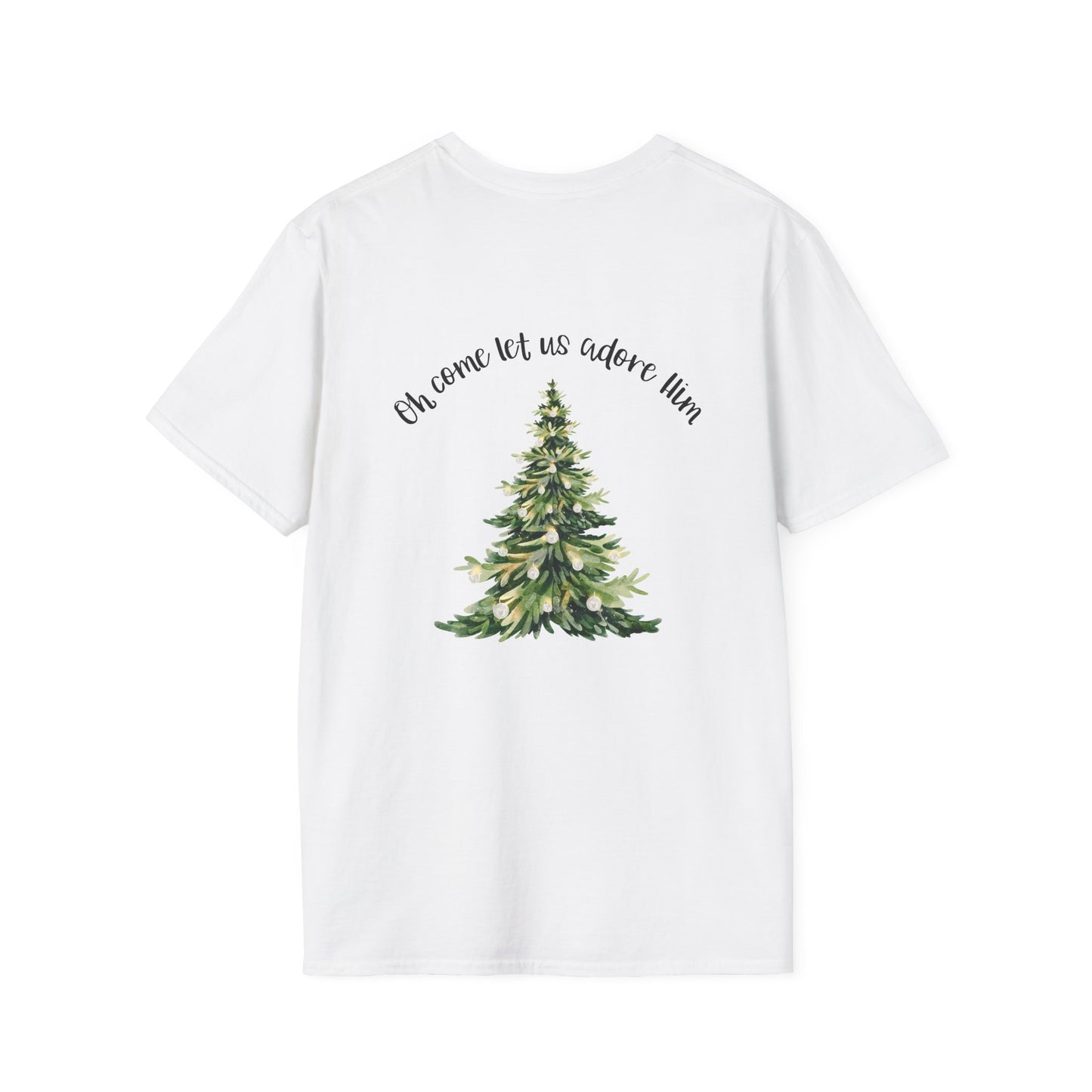 Christmas Tree T-Shirt — “Oh Come Let Us Adore Him” Holiday Gildan Softstyle Tee Black lettering