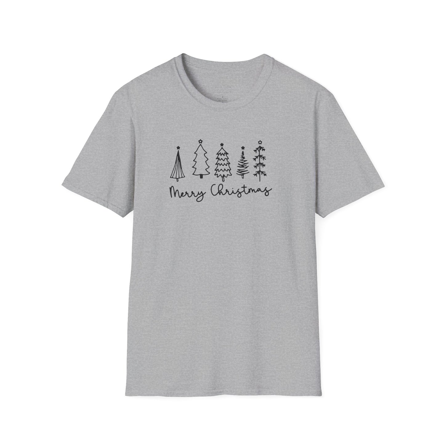 Christmas Tree Line Art T-Shirt – 'Merry Christmas' Minimal Holiday Gildan Softstyle Tee