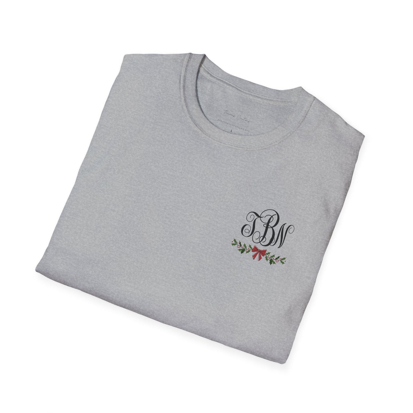 Christmas Tree T-Shirt — “Oh Come Let Us Adore Him” Holiday Gildan Softstyle Tee Black lettering