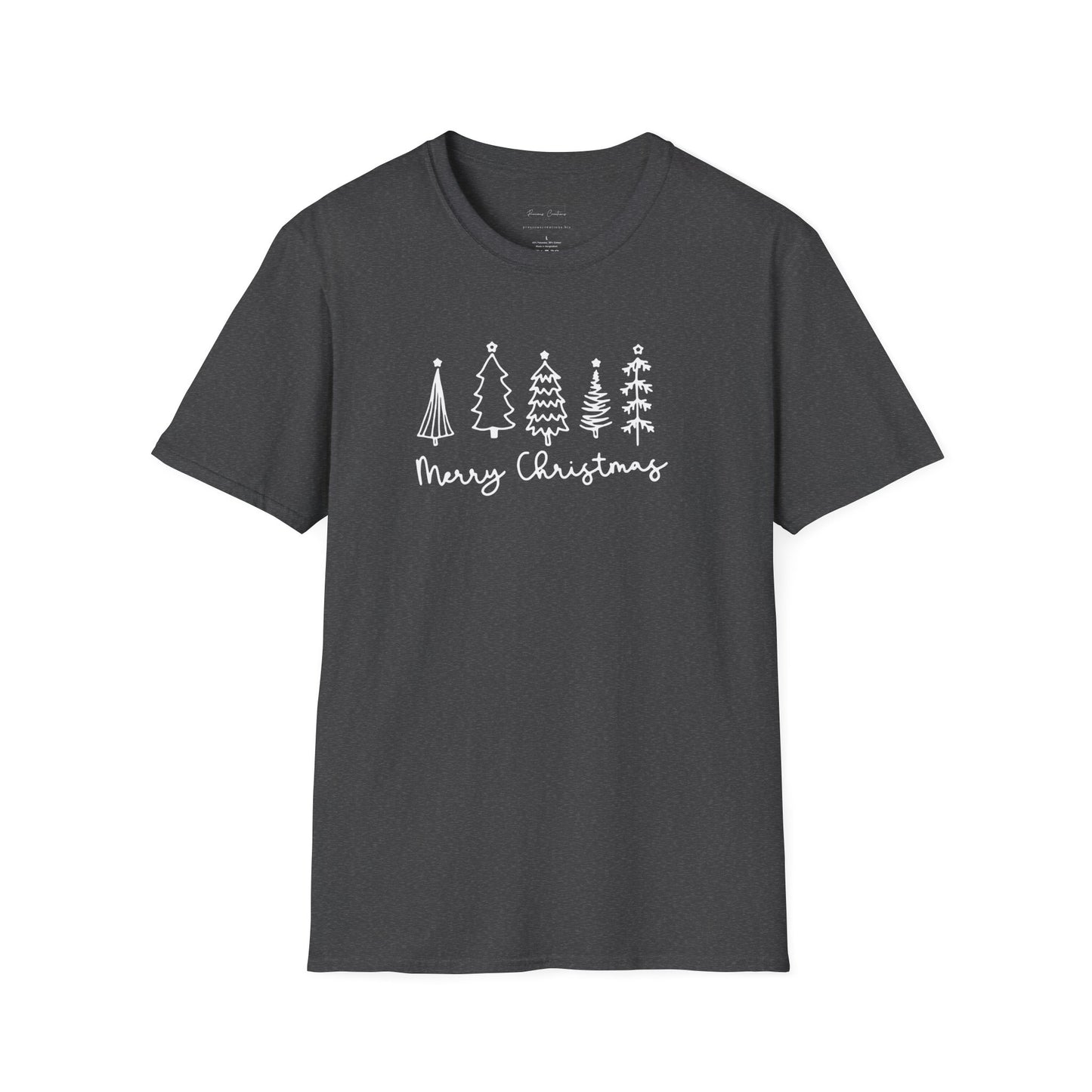 Christmas Tree Line Art T-Shirt – 'Merry Christmas' Minimal Holiday Gildan Softstyle Tee White lettering