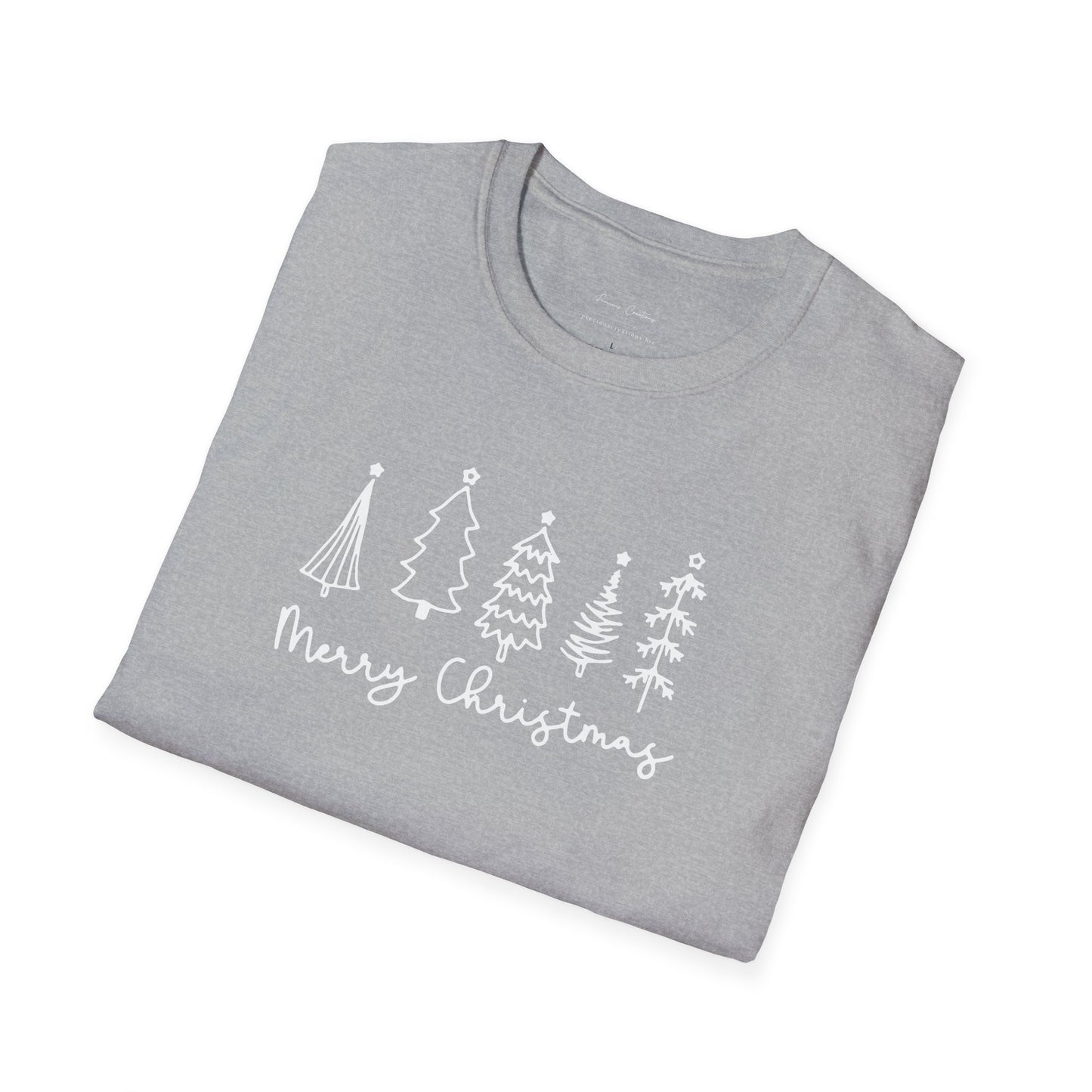 Christmas Tree Line Art T-Shirt – 'Merry Christmas' Minimal Holiday Gildan Softstyle Tee White lettering