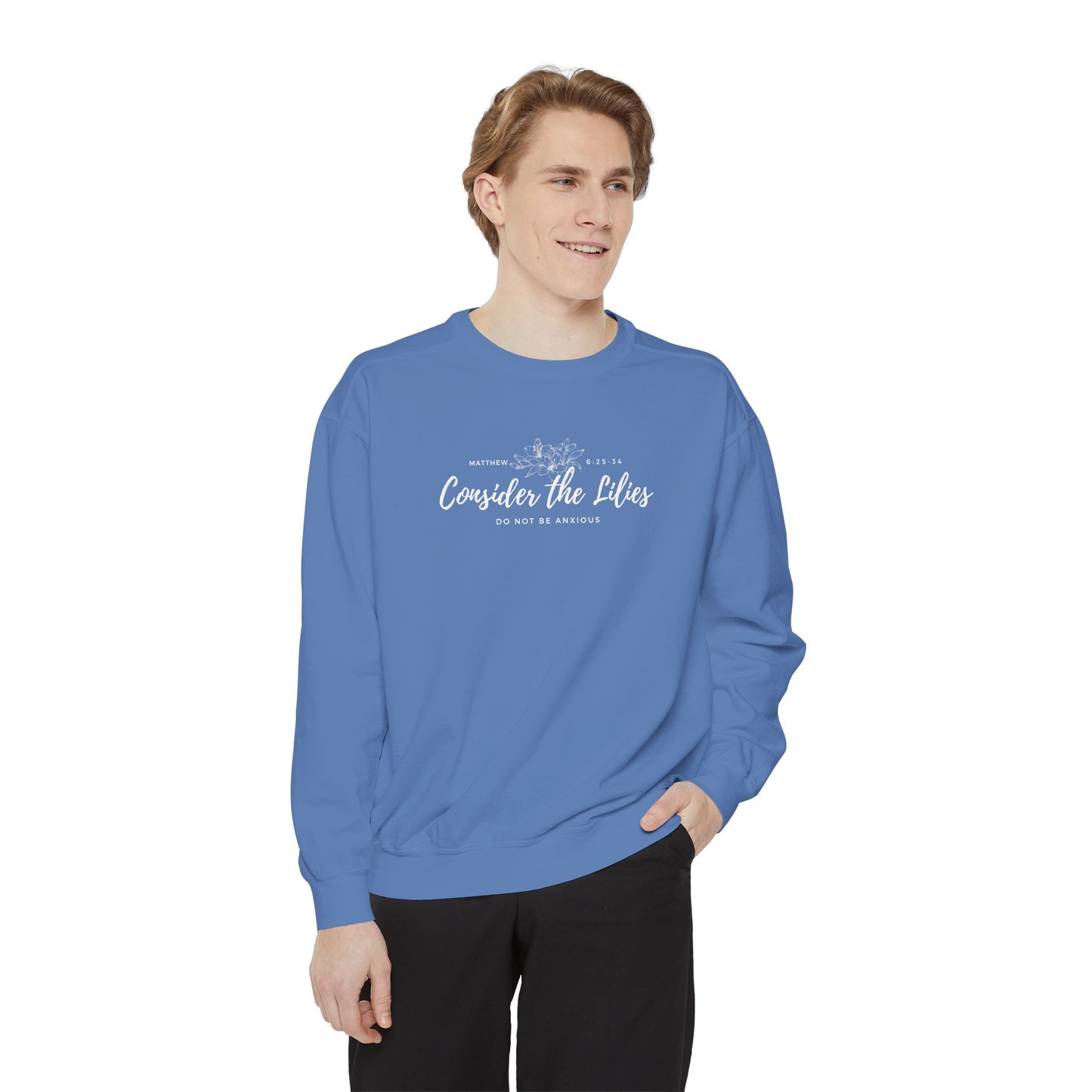 Comfort Colors Unisex Sweatshirt with 'Consider the Lilies' Design, Perfect for Casual Wear, Gifts, Spring Fashion, Cozy Atmosphere, [...]