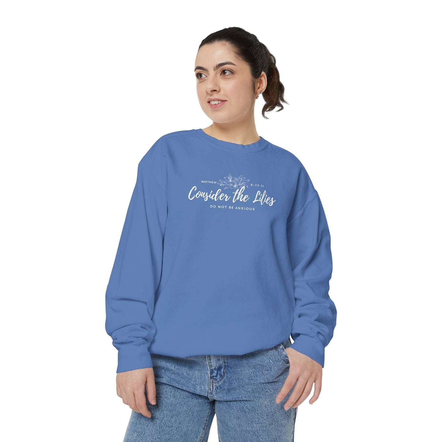 Comfort Colors Unisex Sweatshirt with 'Consider the Lilies' Design, Perfect for Casual Wear, Gifts, Spring Fashion, Cozy Atmosphere, [...]