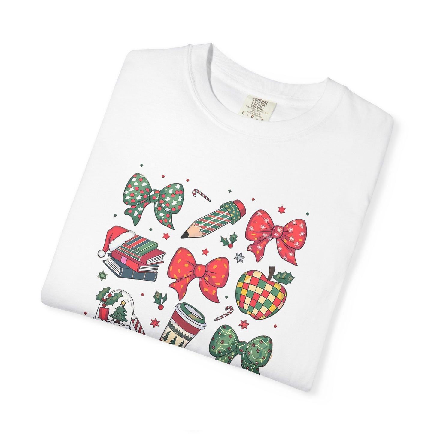 Comfort Colors Festive Bow School T-Shirt - Fun Holiday Graphic Top, Christmas Gift, Unisex Tee, Cozy Wear, Seasonal Style