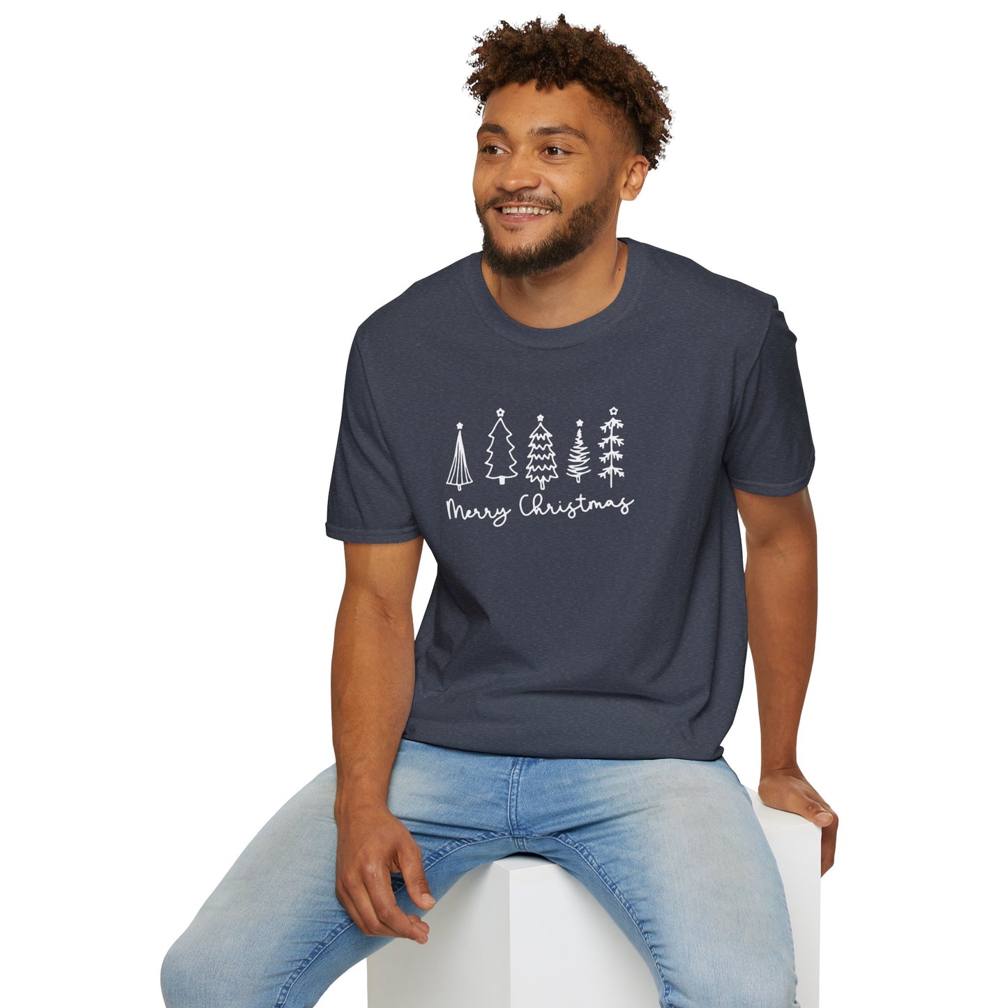 Christmas Tree Line Art T-Shirt – 'Merry Christmas' Minimal Holiday Gildan Softstyle Tee White lettering
