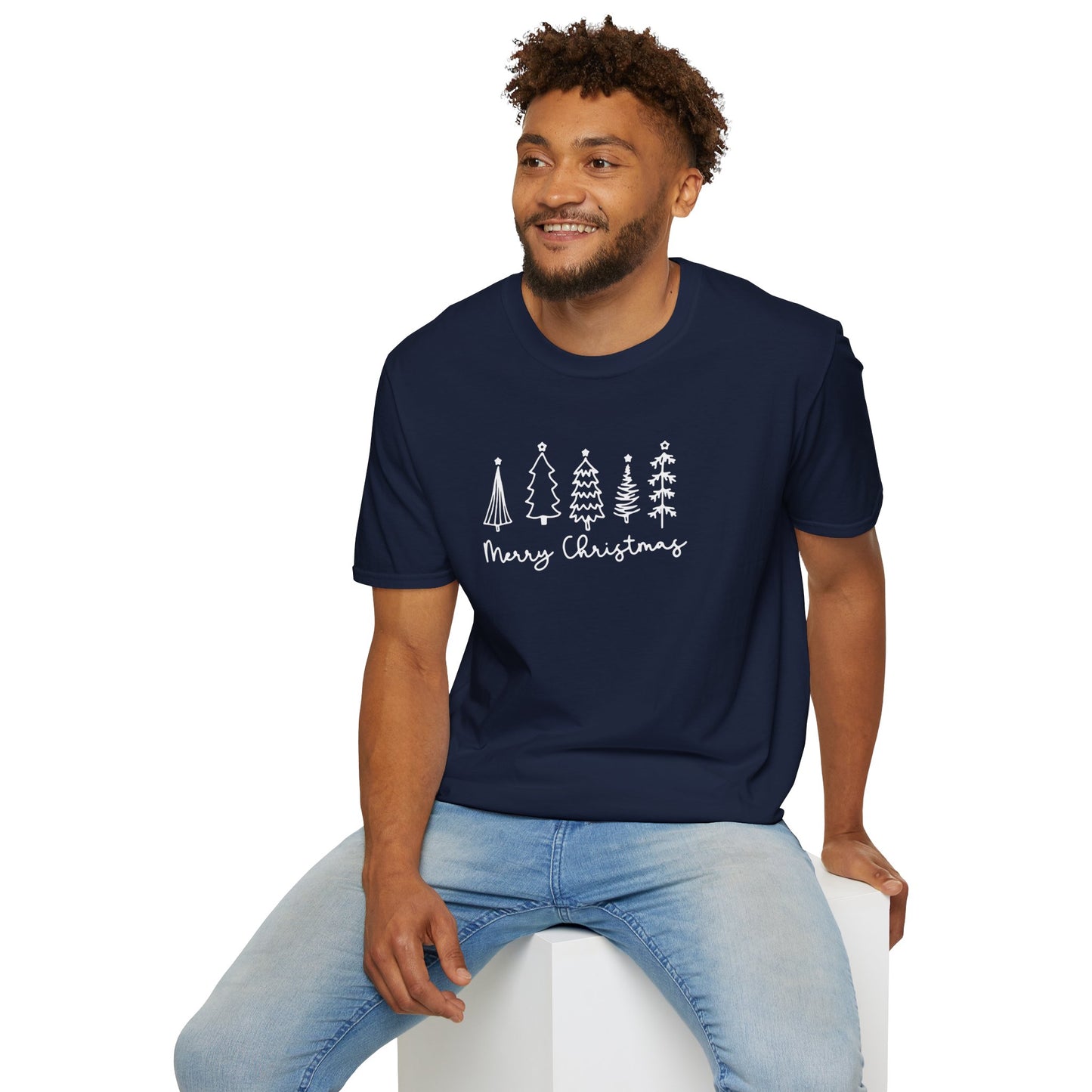 Christmas Tree Line Art T-Shirt – 'Merry Christmas' Minimal Holiday Gildan Softstyle Tee White lettering
