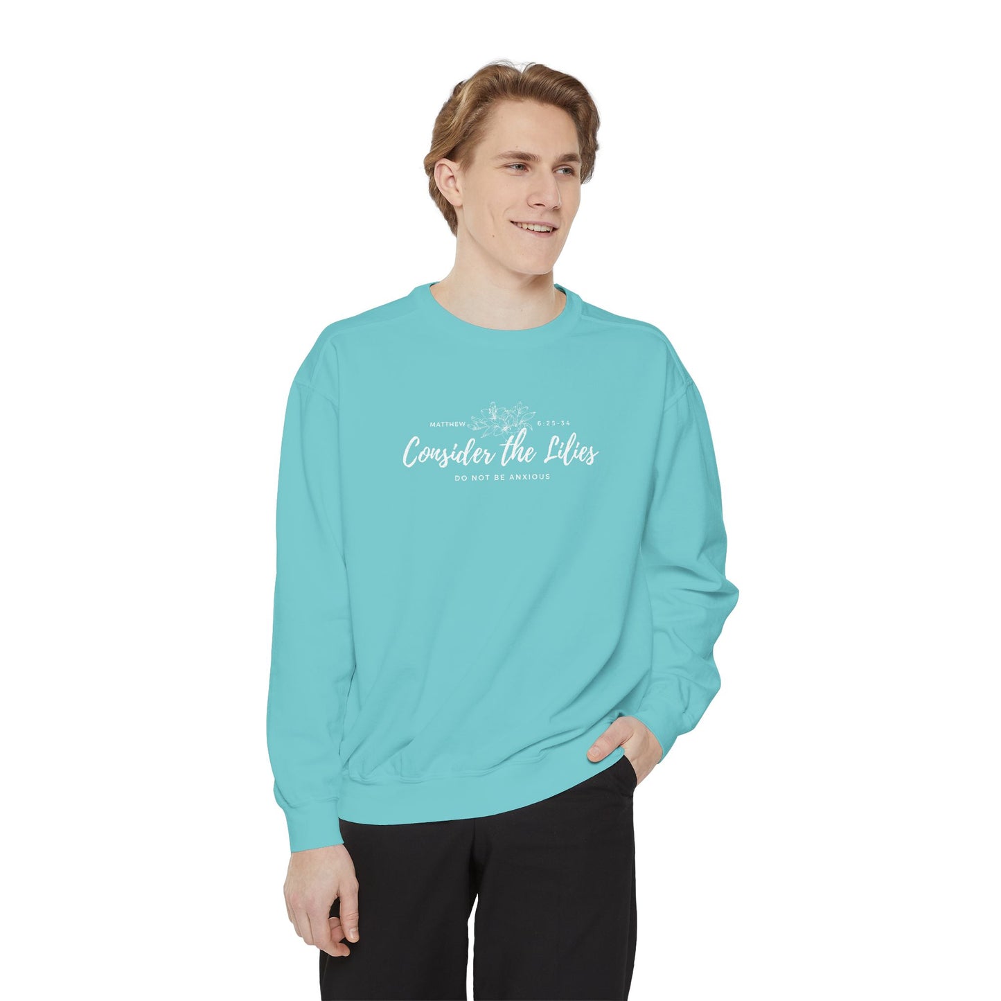 Comfort Colors Unisex Sweatshirt with 'Consider the Lilies' Design, Perfect for Casual Wear, Gifts, Spring Fashion, Cozy Atmosphere, [...]