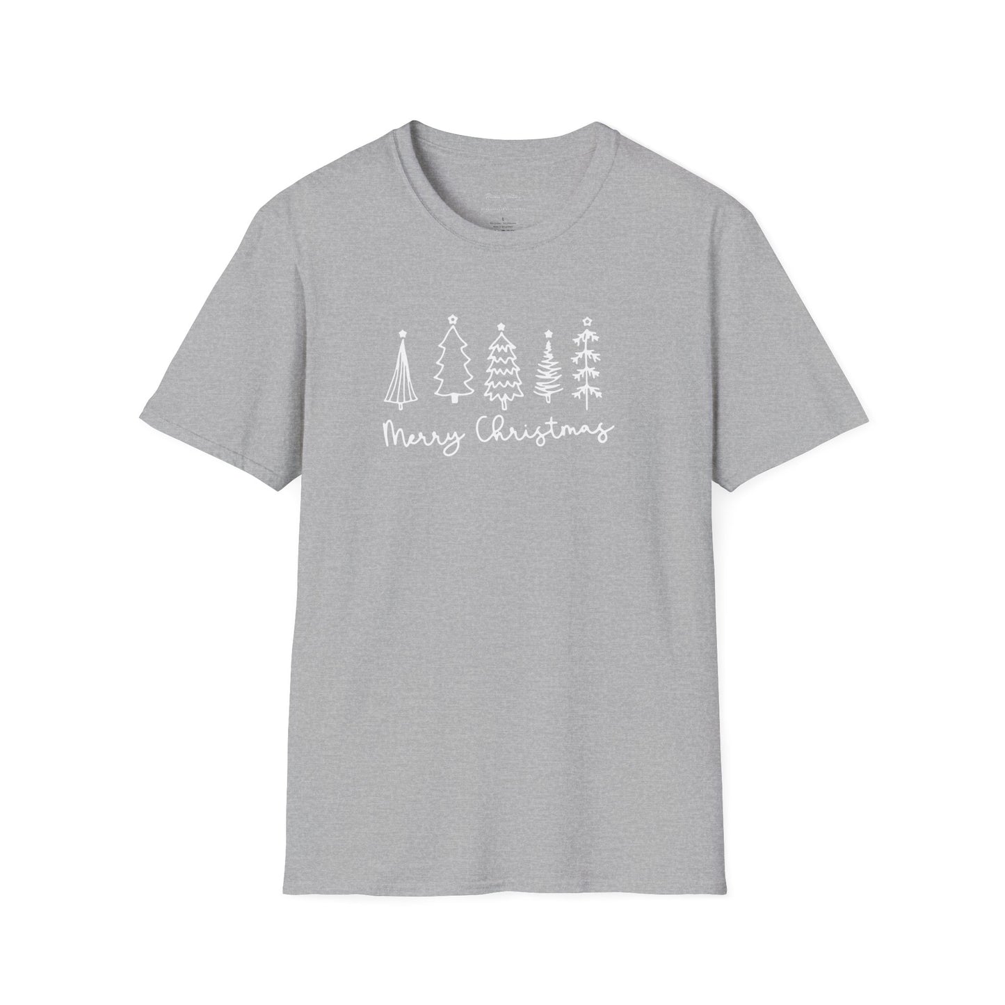 Christmas Tree Line Art T-Shirt – 'Merry Christmas' Minimal Holiday Gildan Softstyle Tee White lettering