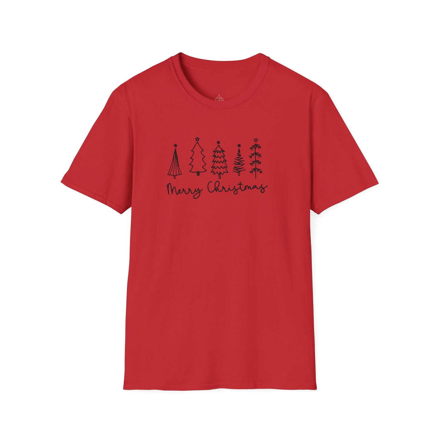 Christmas Tree Line Art T-Shirt – 'Merry Christmas' Minimal Holiday Gildan Softstyle Tee