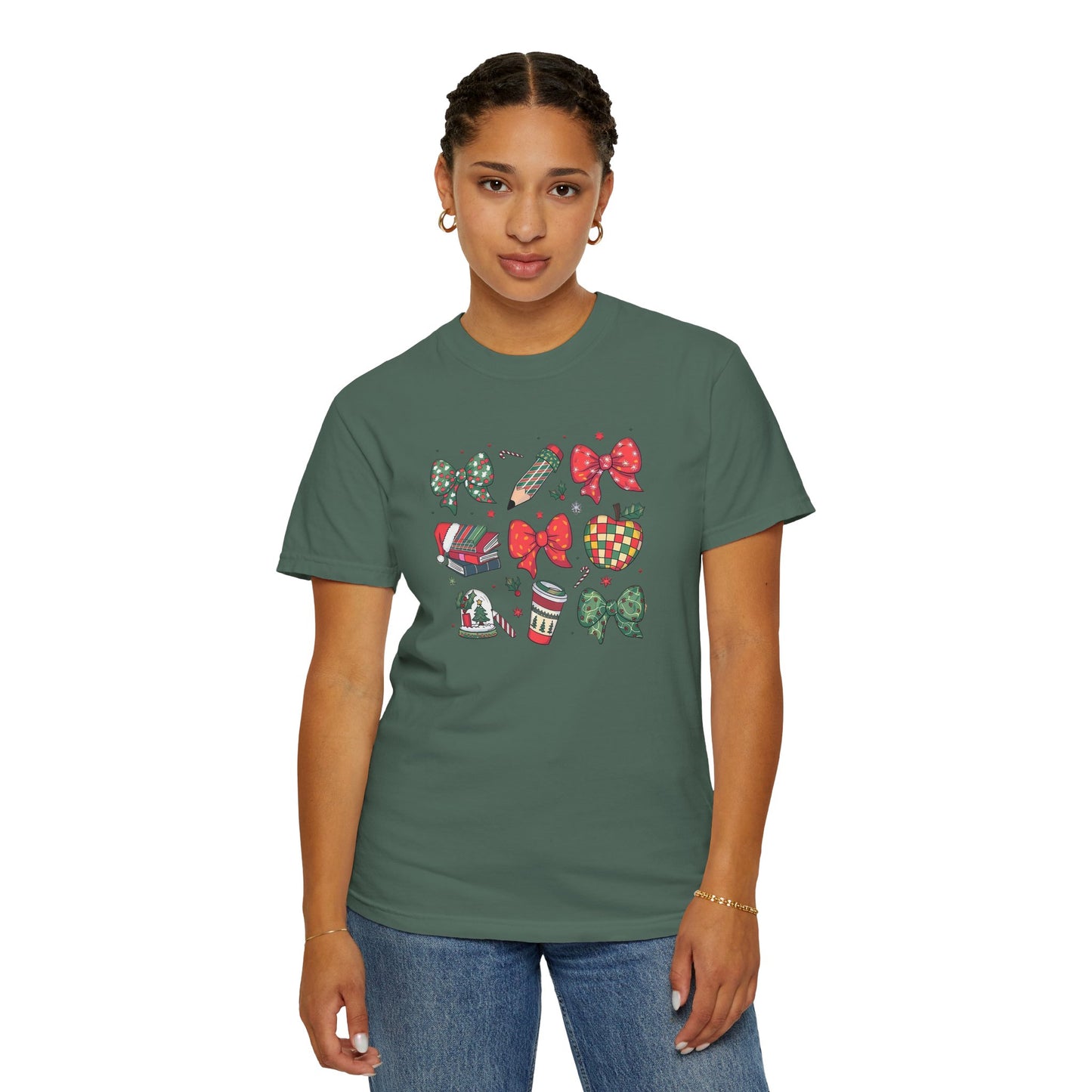 Comfort Colors Festive Bow School T-Shirt - Fun Holiday Graphic Top, Christmas Gift, Unisex Tee, Cozy Wear, Seasonal Style