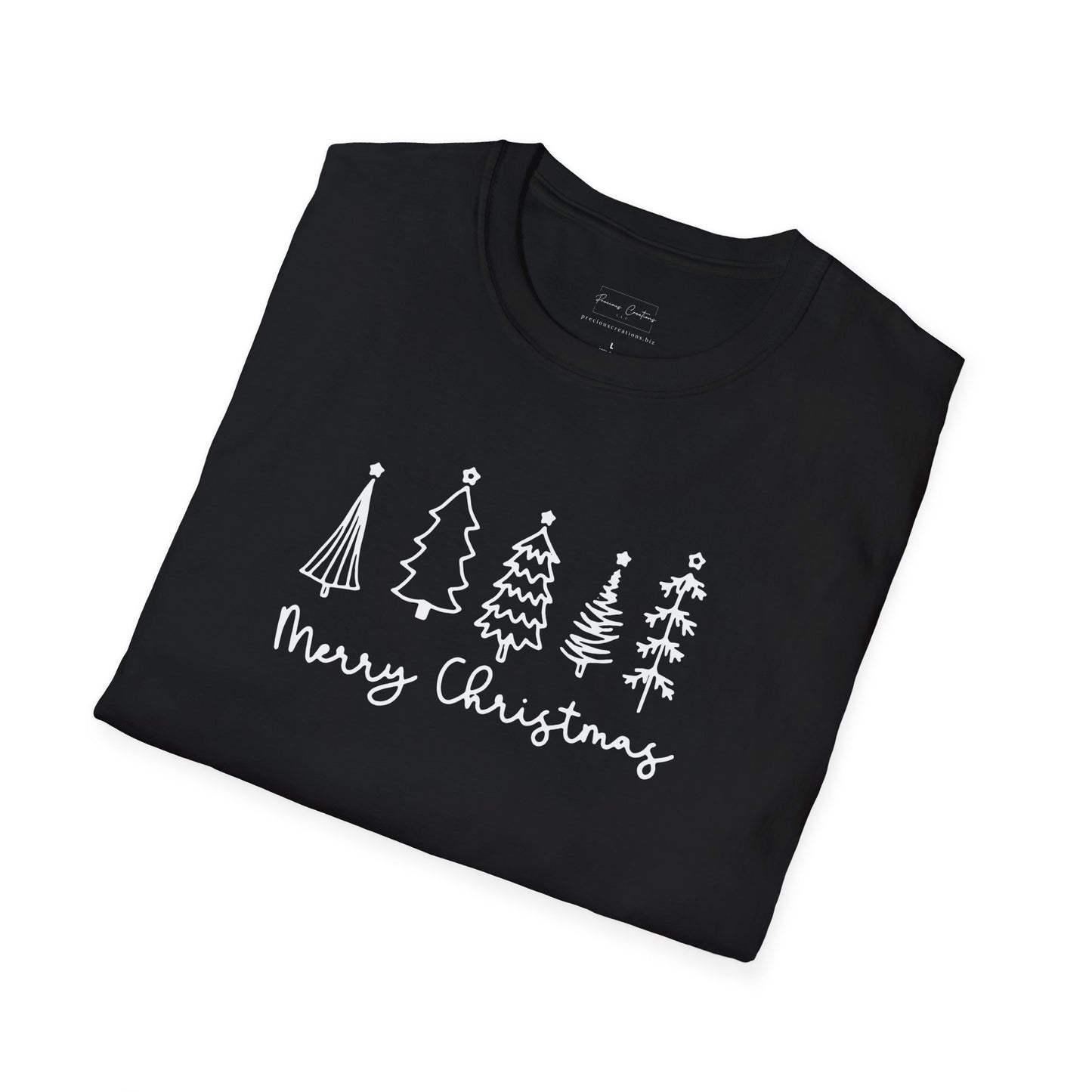 Christmas Tree Line Art T-Shirt – 'Merry Christmas' Minimal Holiday Gildan Softstyle Tee White lettering