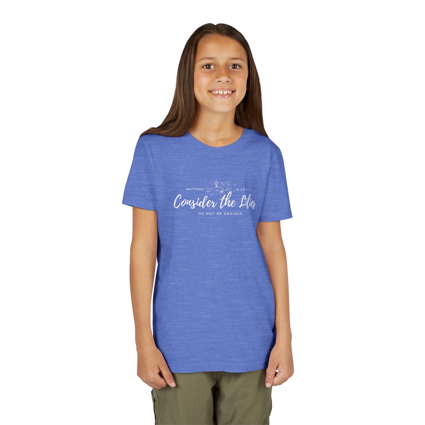 Bella + Canvas Consider the Lilies Youth Tee, Inspirational Kids Shirt, Motivational T-Shirt, Spring Gift, Nature Lover Clothing