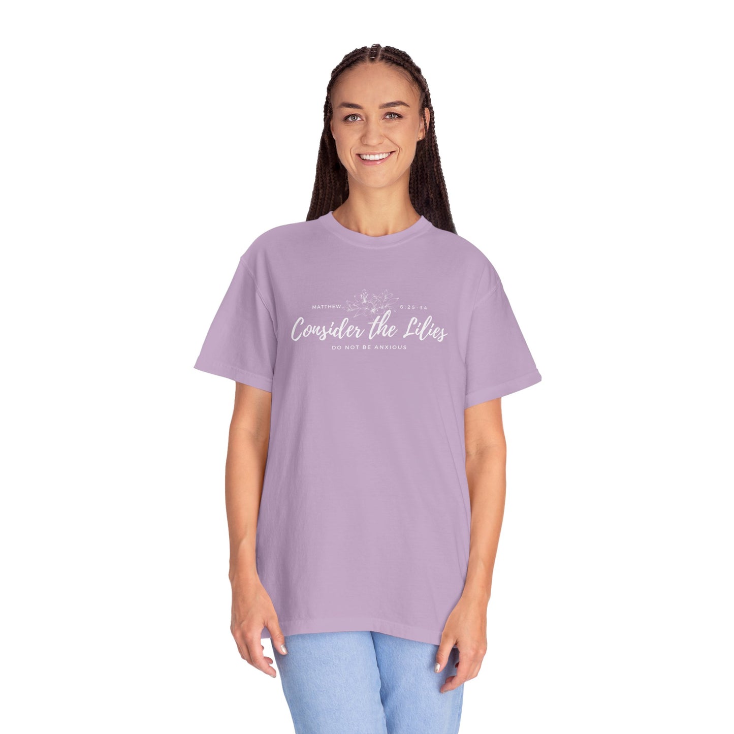 Comfort Colors Garment-Dyed Inspirational T-shirt, Consider the Lilies Tee, Unisex Casual Wear, Motivational Shirt, Relaxed Style